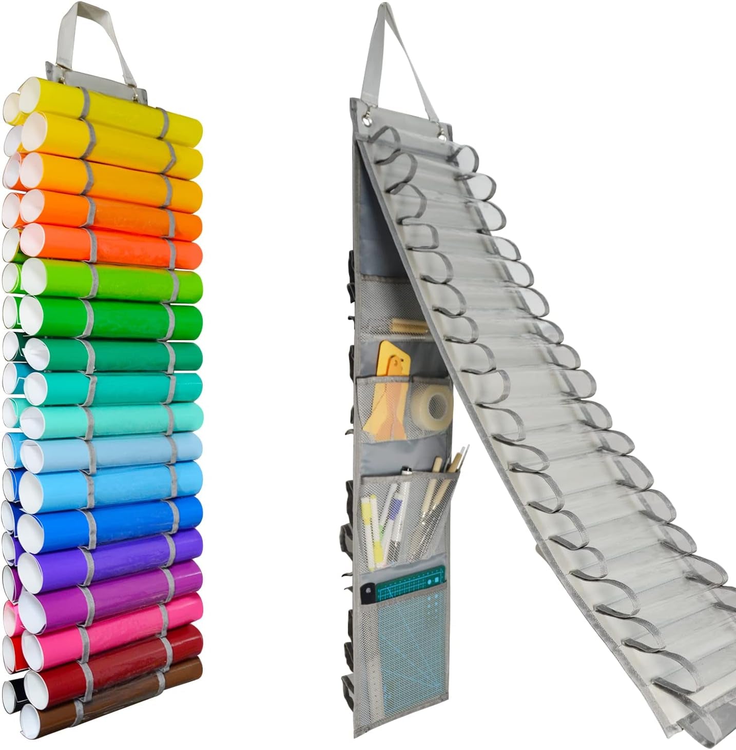 Vinyl Roll Holder - 36 Compartments Vinyl Storage Organizer with 7 Mesh Pockets Storage, Wall Mount/Over the Door Vinyl Roll Storage, with 2 Hooks and 2 Hanging Straps (Grey)
