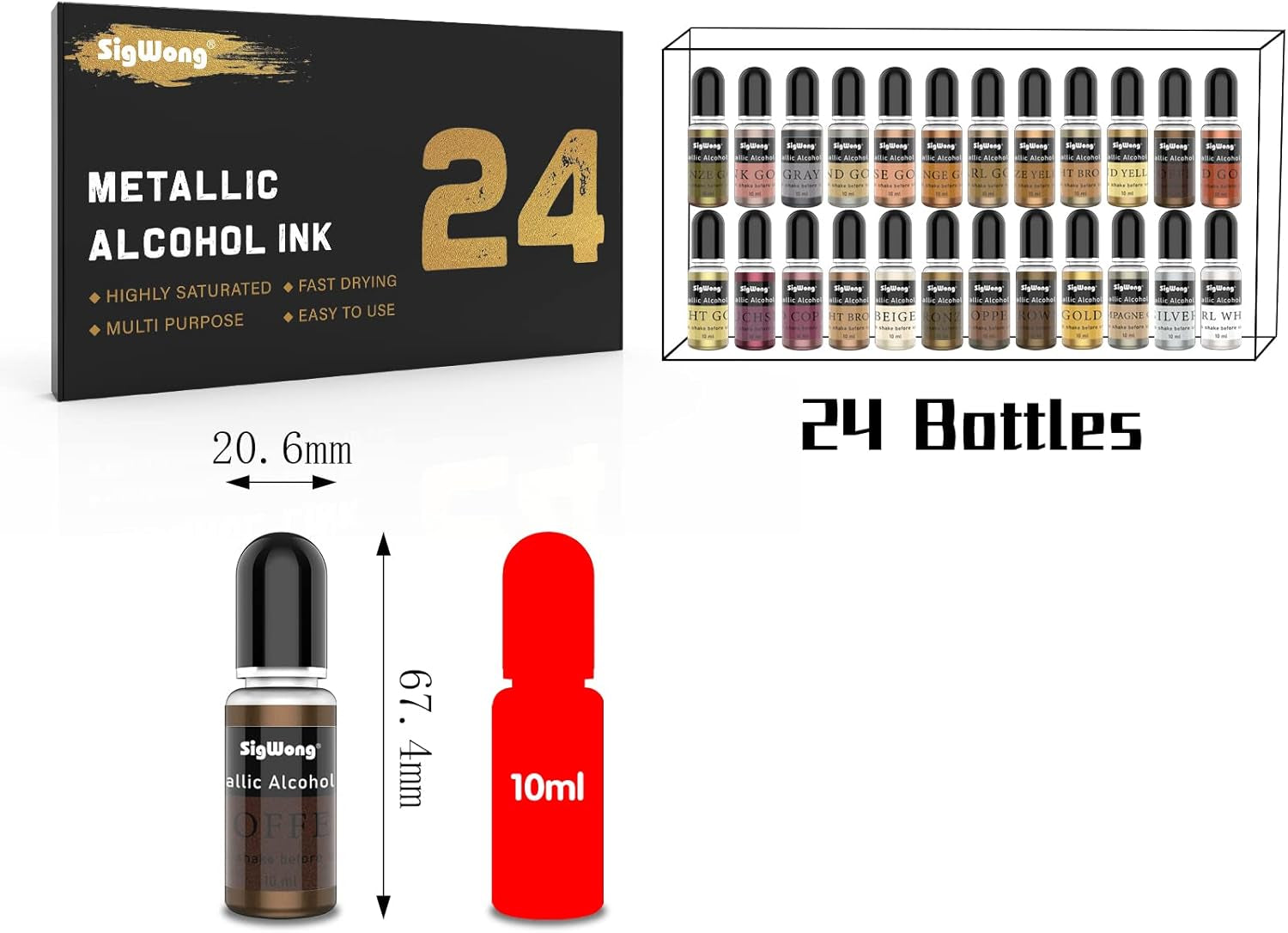 Metallic Alcohol Ink Set - 24 Metal Color Alcohol-Based Ink, Shimmer Mixatives Epoxy Resin Paint Colour Dye Great for Resin Petri Dish, Yupo, Coaster, Painting, Tumbler Cup Making(10Ml Each)