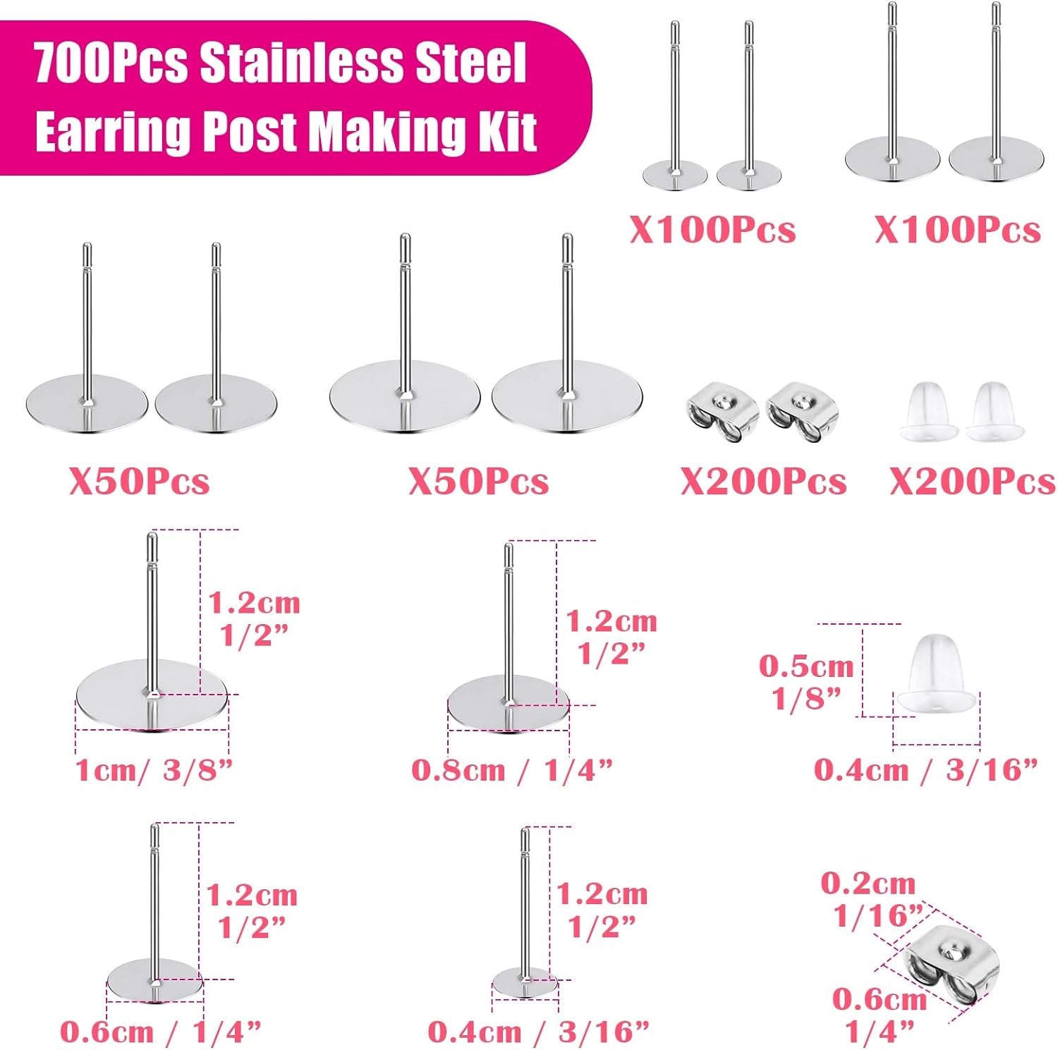 Earring Posts and Backs,  700Pcs Stud Earring Making Kit with 300Pcs Stainless Steel Earring Posts and 400Pcs Earring Backs, Earring Supplies Kit for DIY Earrings and Jewelry Making