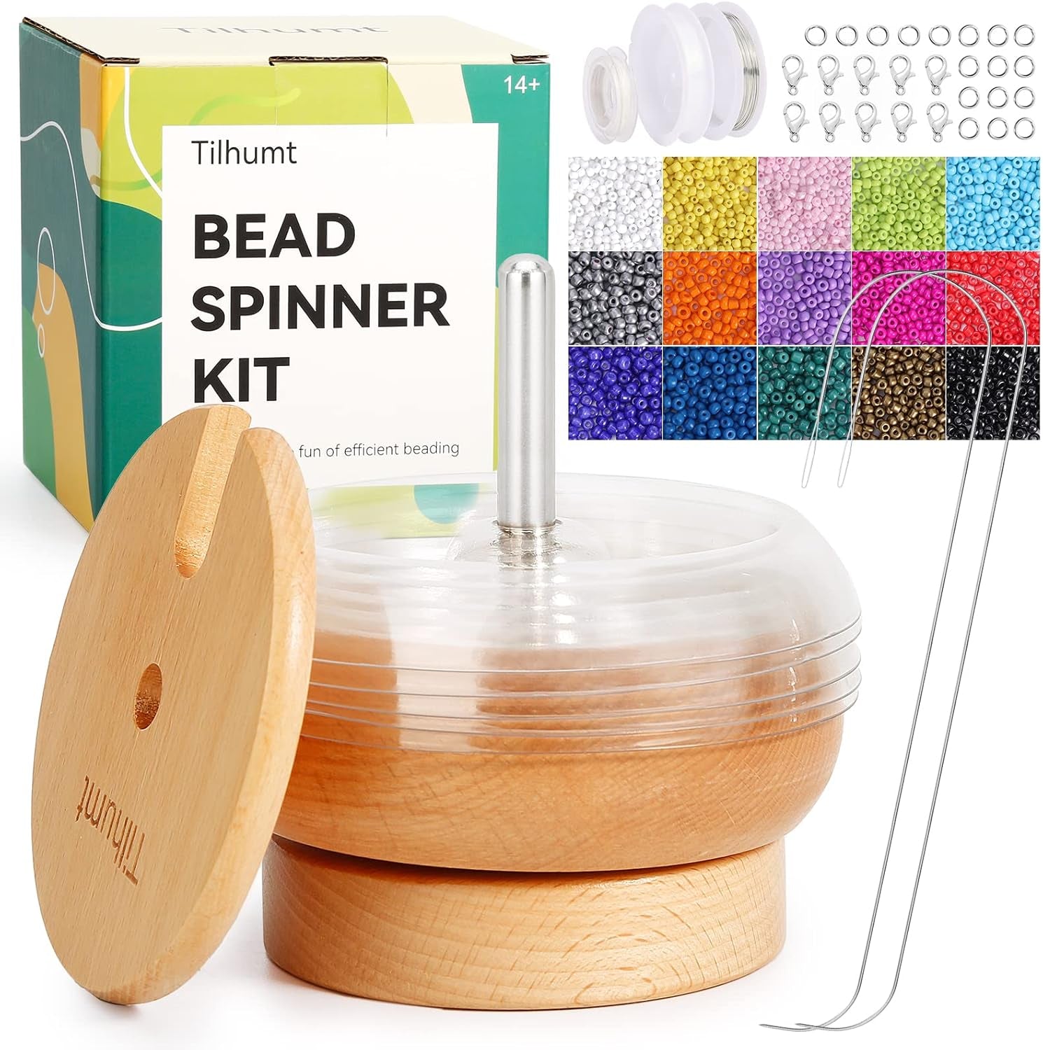 Bead Spinner Kit with 5 Quick Changed Bowls, 4.4" Clay Bead Spinner with 15,000 Beads (15 Colors) and 2 Big Eye Needles, Beading Supplies for Jewelry Making