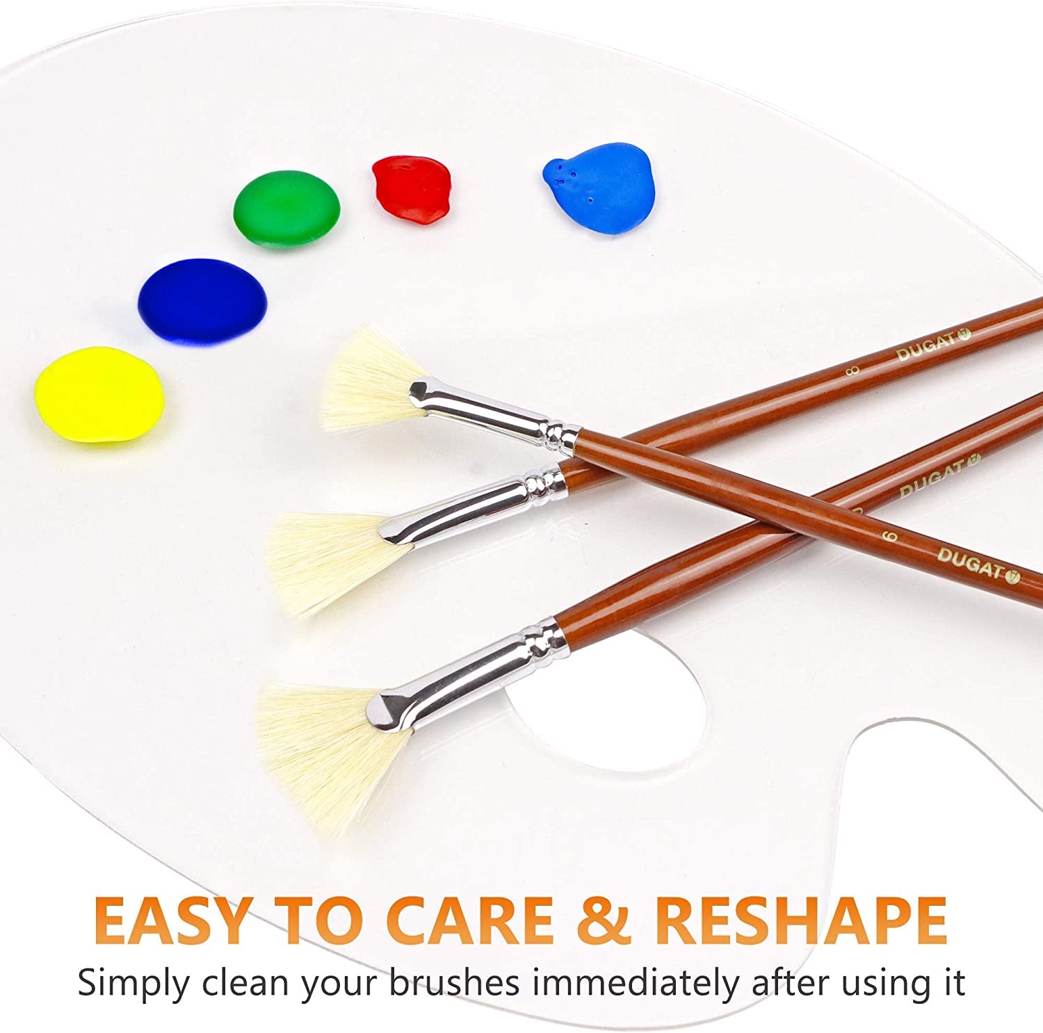 Artist Fan Paint Brush Set of 7, White Hog Bristle Natural Hair Anti-Shedding Brush Tips, Long Wooden Handle for Comfortable Holding, Great for Acrylic Watercolor Oil Painting