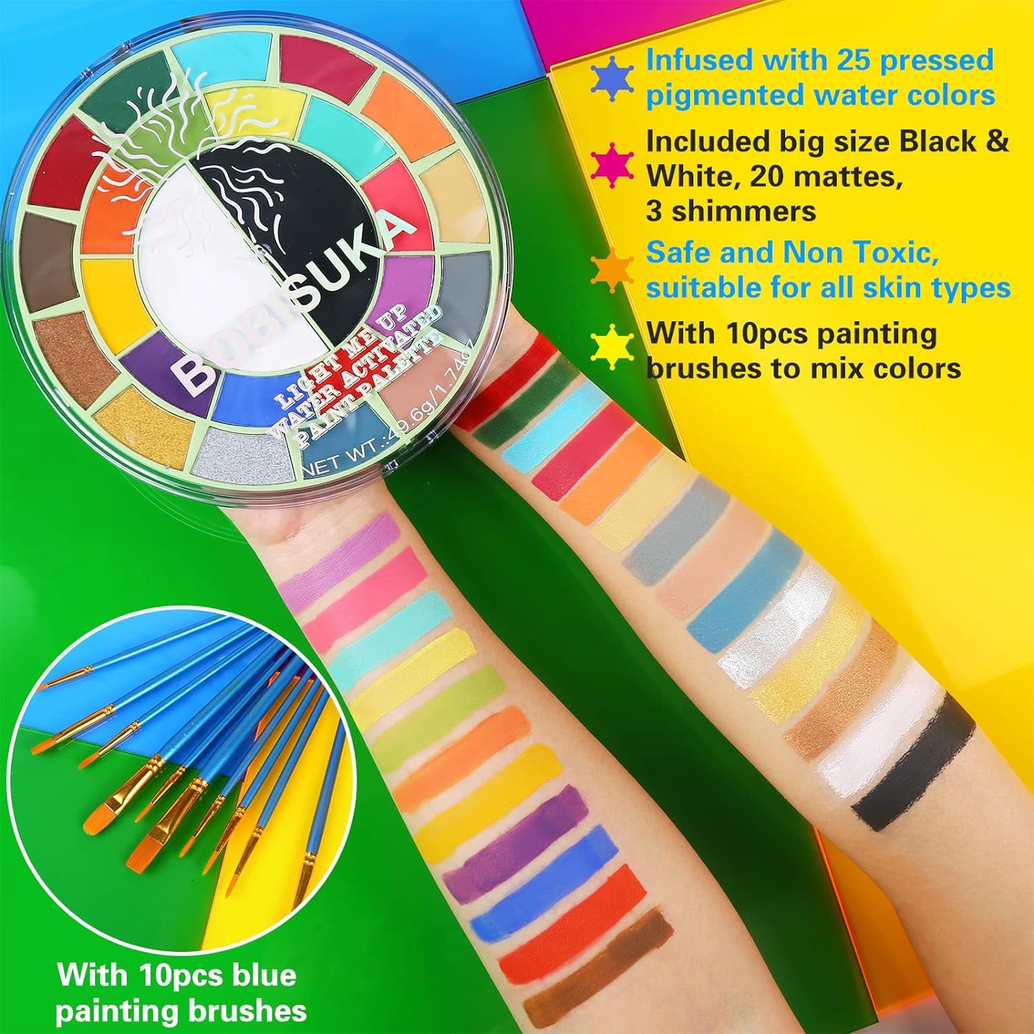Face Body Paint Kit - 25 Colors Water Activated Painting Makeup Palette + 10 Blue Artist Paint Brushes Set Large Black & White Ideal for Halloween, SFX, Theater, Cosplay, Parties and Costume