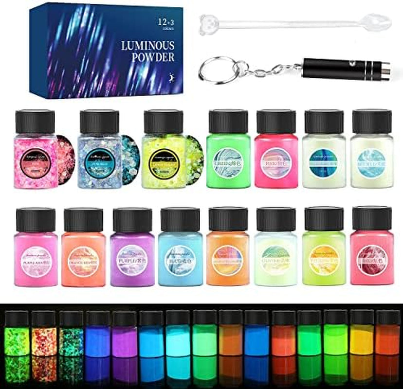 Glow in the Dark Glitter 15 Jar - 12 Colors Glow Glitter and 3 Colors Gold Foil Flakes, High Luminous Glitter for Resin Crafts, Cosmetic, Nail, Glowing Dye for DIY