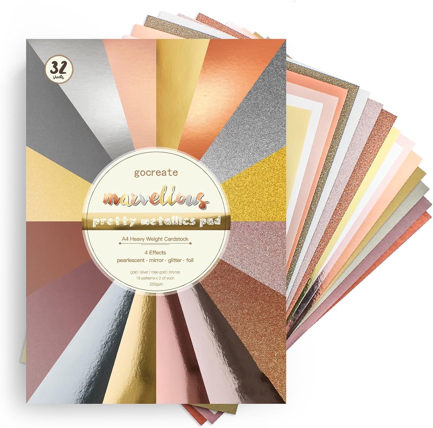 A4 32 Sheets Metallic Cardstock Bulk Gold Silver Rosegold Copper Card Stock Paper Assorted Glitter, Metallic, Foil, Pearlescent for Card Making (Edition-3)