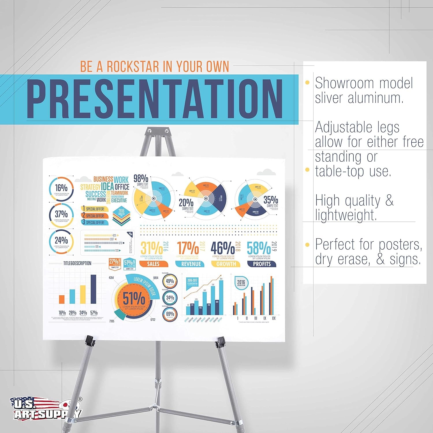 66" High Gallery Silver Aluminum Display Easel and Presentation Stand - Large Adjustable Height Portable Tripod, Holds 25 Lbs - Floor and Tabletop, Display Paintings, Signs, Posters