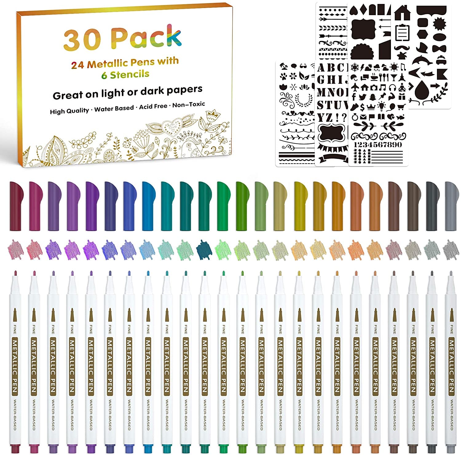 18 Pack Metallic Marker Pens,  16 Colors Fine Tip Paint Pens with 2 Stencils for DIY Craft Photo Album Rock Art Painting Card Making Glass Wood