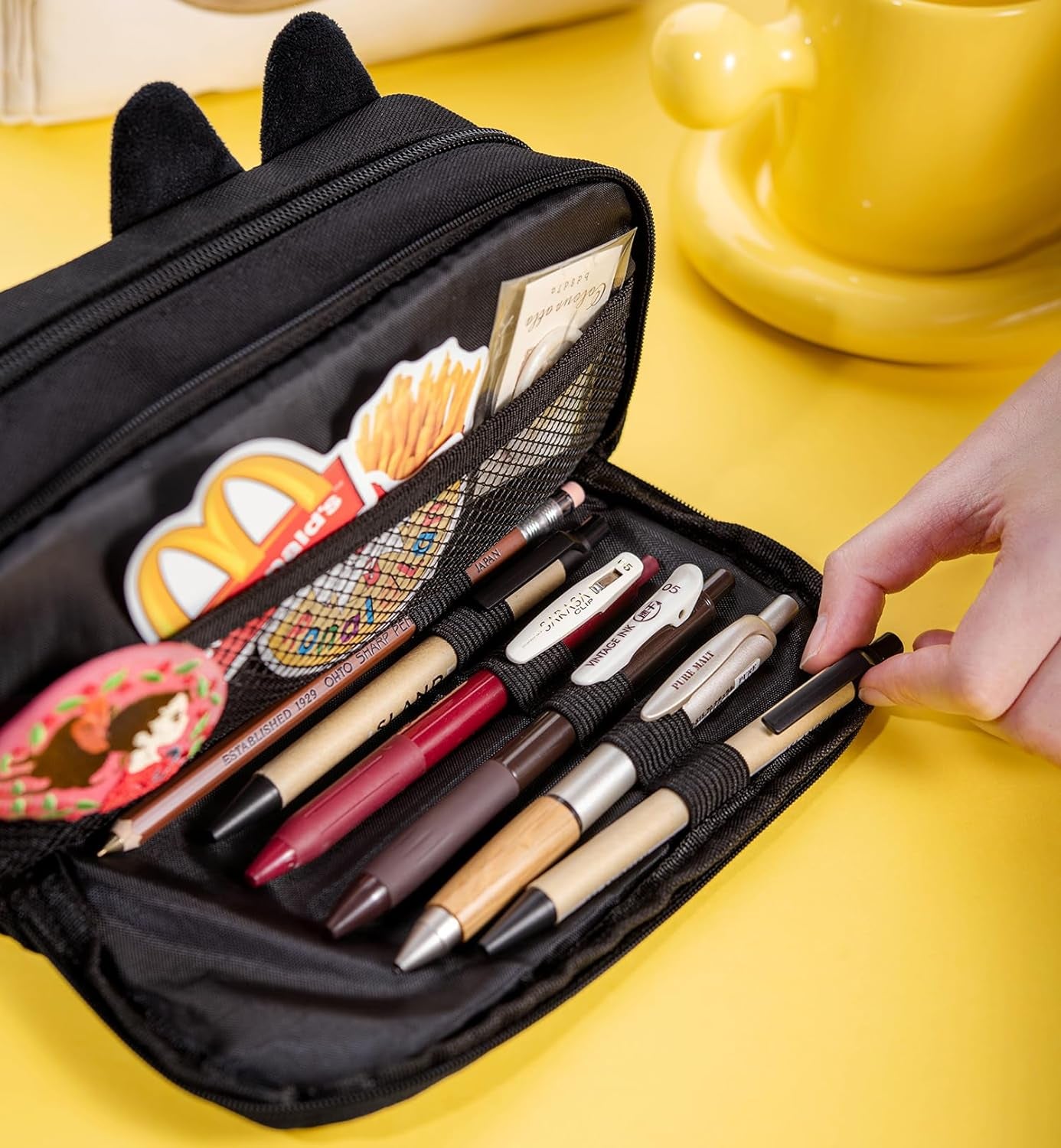 Hongdian Large Capacity Pencil Case Black Color, 3D Cat Pen Bags Pencil Pouch Organizer for Office College School