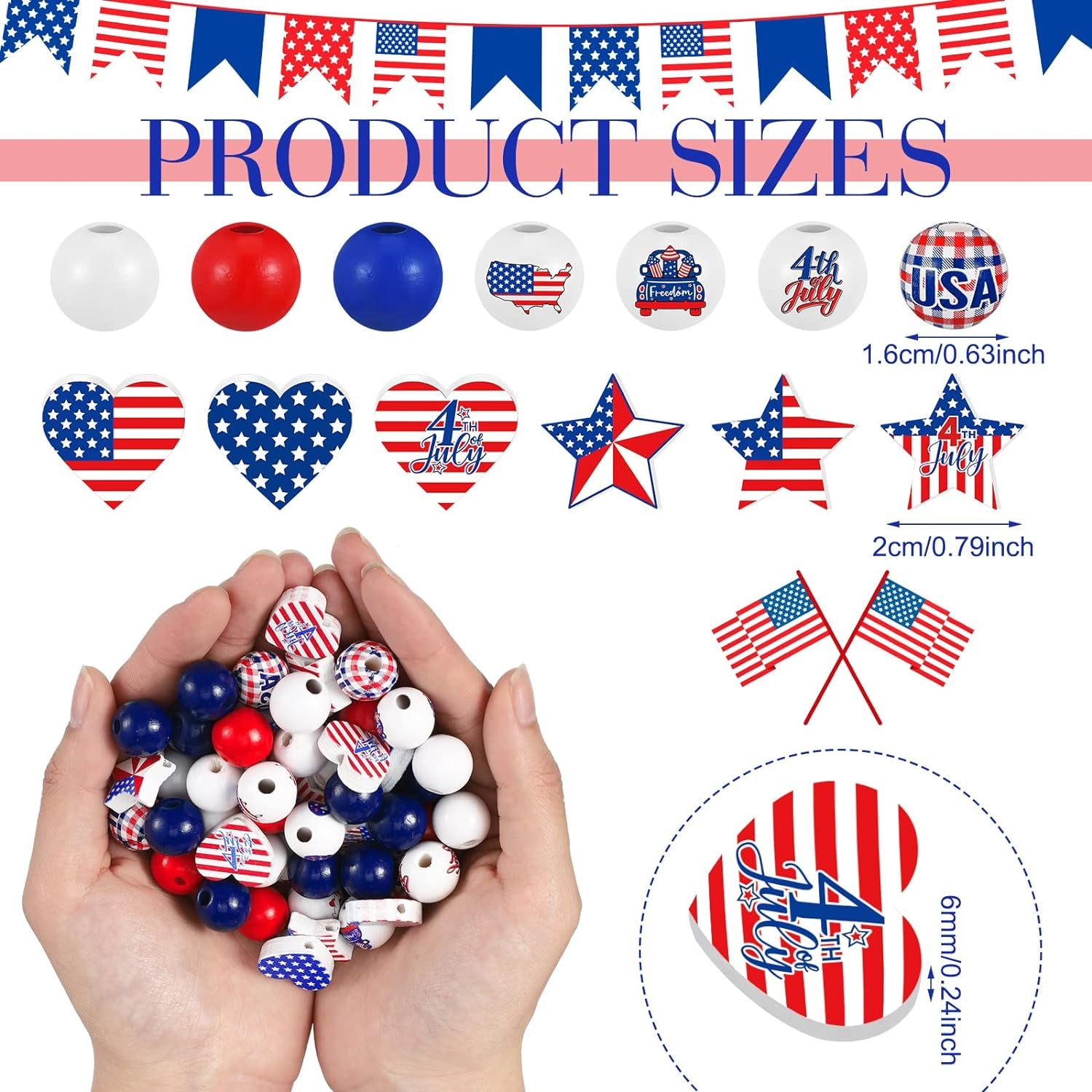 200 Pcs 4Th of July Wood Beads Patriotic Independence Day Wooden Beads America Flag Star Heart round Blue Red Beads Us Memorial Day Beads for DIY Jewelry Garland Necklaces Tiered Tray Decor