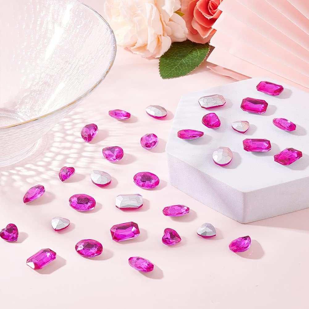 64 Pcs 4 Shapes Pointed Back Rhinestone 18Mm Glass Rhinestones Gems Fuchsia Rectangle/Teardrop/Heart/Oval Jewels Embelishments with Silver Plated Back Crystals Stones for Jewelry Making