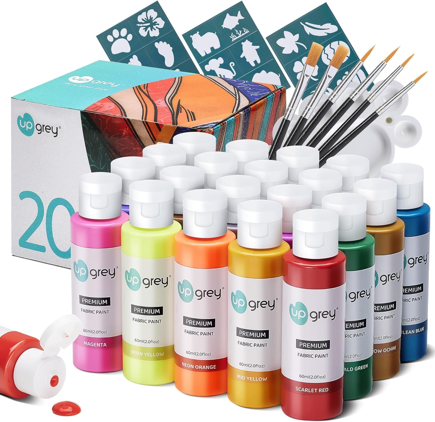 Fabric Paint Set for Clothes, 20 Colors(60Ml/2Oz Each) Permanent Textile Paint with 6 Brushes, 1 Palette, Washable Fabric Paint, Art Supplies for Clothes, Canvas, T-Shirts, Jeans, Bags, DIY Projects