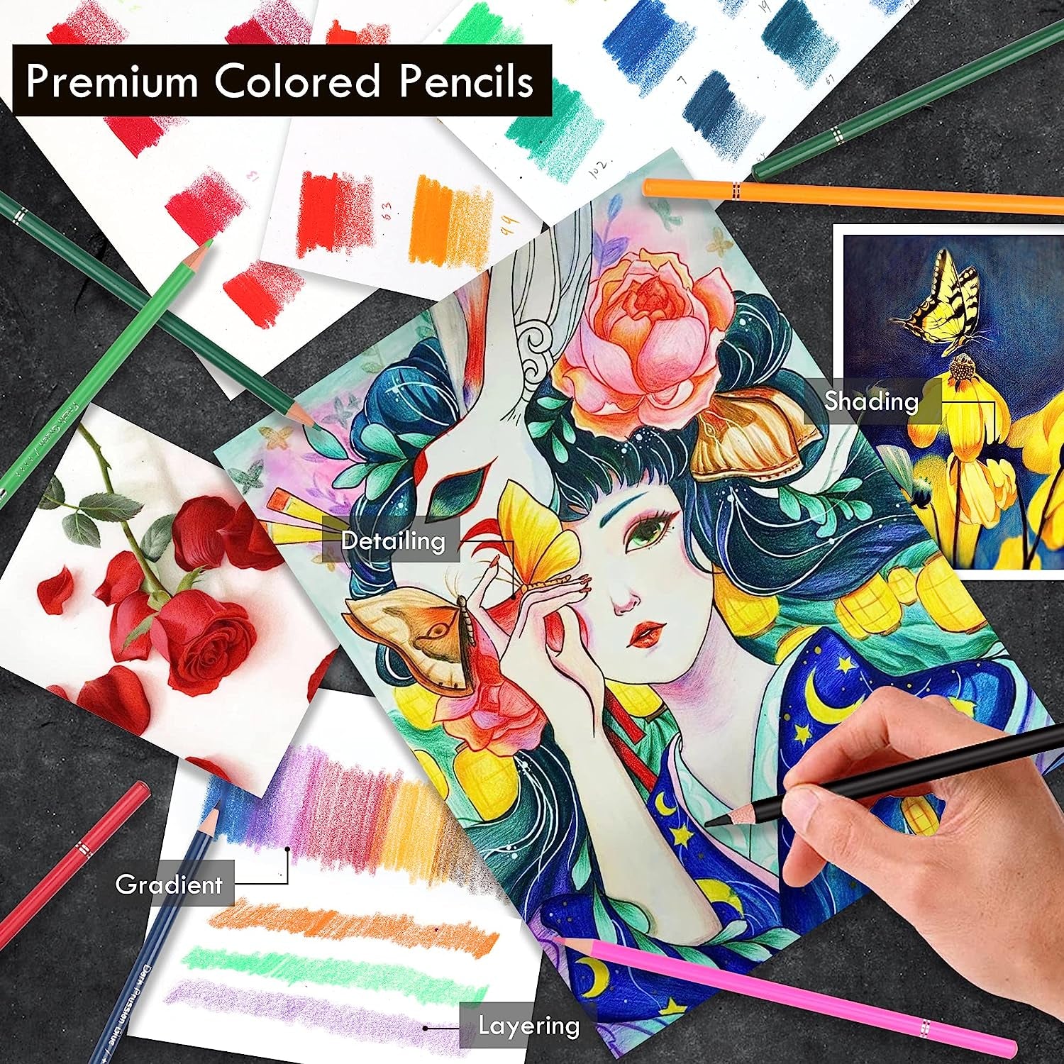 180 Colored Pencil Set for Adults Artists - Rich Pigment Soft Core -12 Metallic Pencil - Ideal for Coloring Drawing Sketching Shading Blending - Vibrant Color（Tin Case）