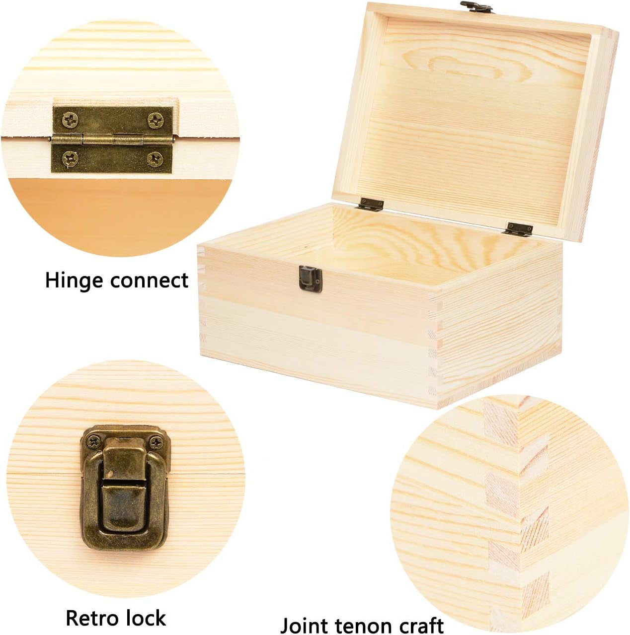 Extra Large Rectangle Unfinished Pine Wood Box Natural DIY Craft with Hinged Lid and Front Clasp for Arts Hobbies and Home Storage-13.8X9.9X6.7 Inches