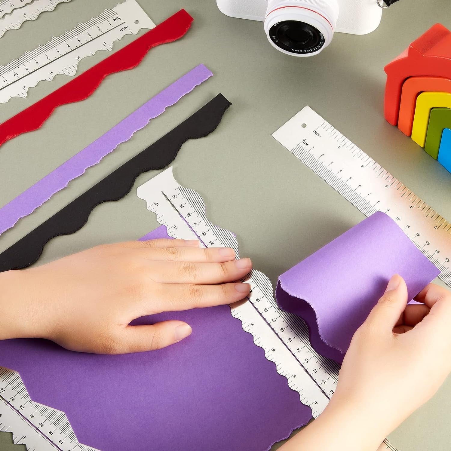 7 Pcs Metal Paper Tearing Ruler Deckle Edge Ruler Craft Ruler Stainless Steel Paper Cut Tool 12 Inch Irregular Edges Ruler Measurements Tool with 2 Watercolor Pen for Craft School Scrapbook