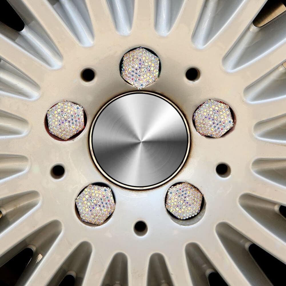 20Pcs Bling Car Wheel Nut Covers, Diamond Wheel Lug Nut Covers Hub Screw Cap Hexagonal Tire Nut Covers Protector with Removal Tool, Car Wheel Accessories Universal Car Decoration, White Size 19
