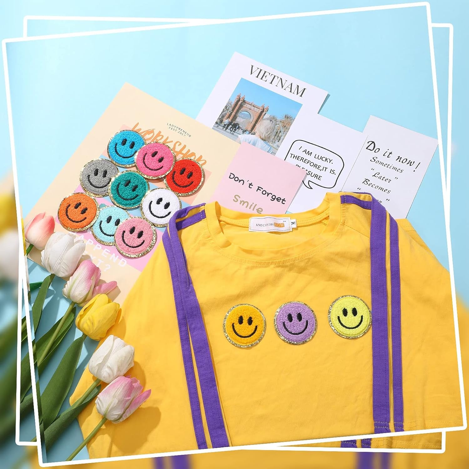 48 Pieces Smile Face Patch Cute Happy Face Patch Iron on Patch for Clothing Dress Jackets Jeans Hats Backpacks DIY Decorations (Bright Style)