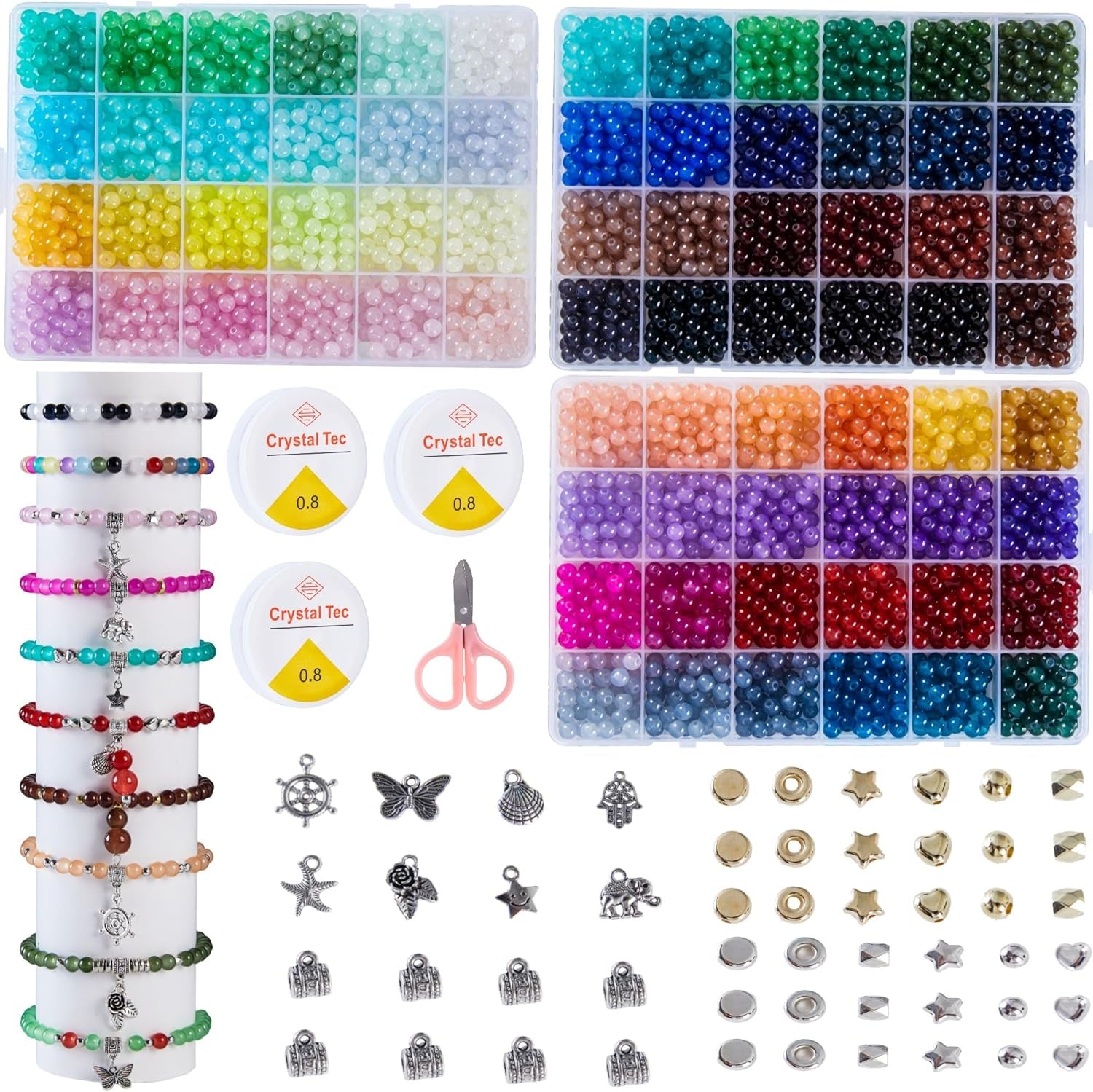72 Colors 6Mm Glass Beads for Jewelry Making,3000Pcs+ round Crystal Glass Beads Bracelet Making Kit with Accessories, Bead Starter Kit Crafts Gifts Set Suitable for Teen Adults