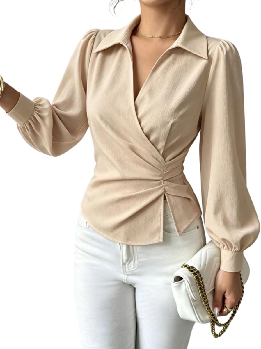 Elevate Your Elegance: TIAFORD Women's Chic Ruched Wrap Blouse with Puff Sleeves"