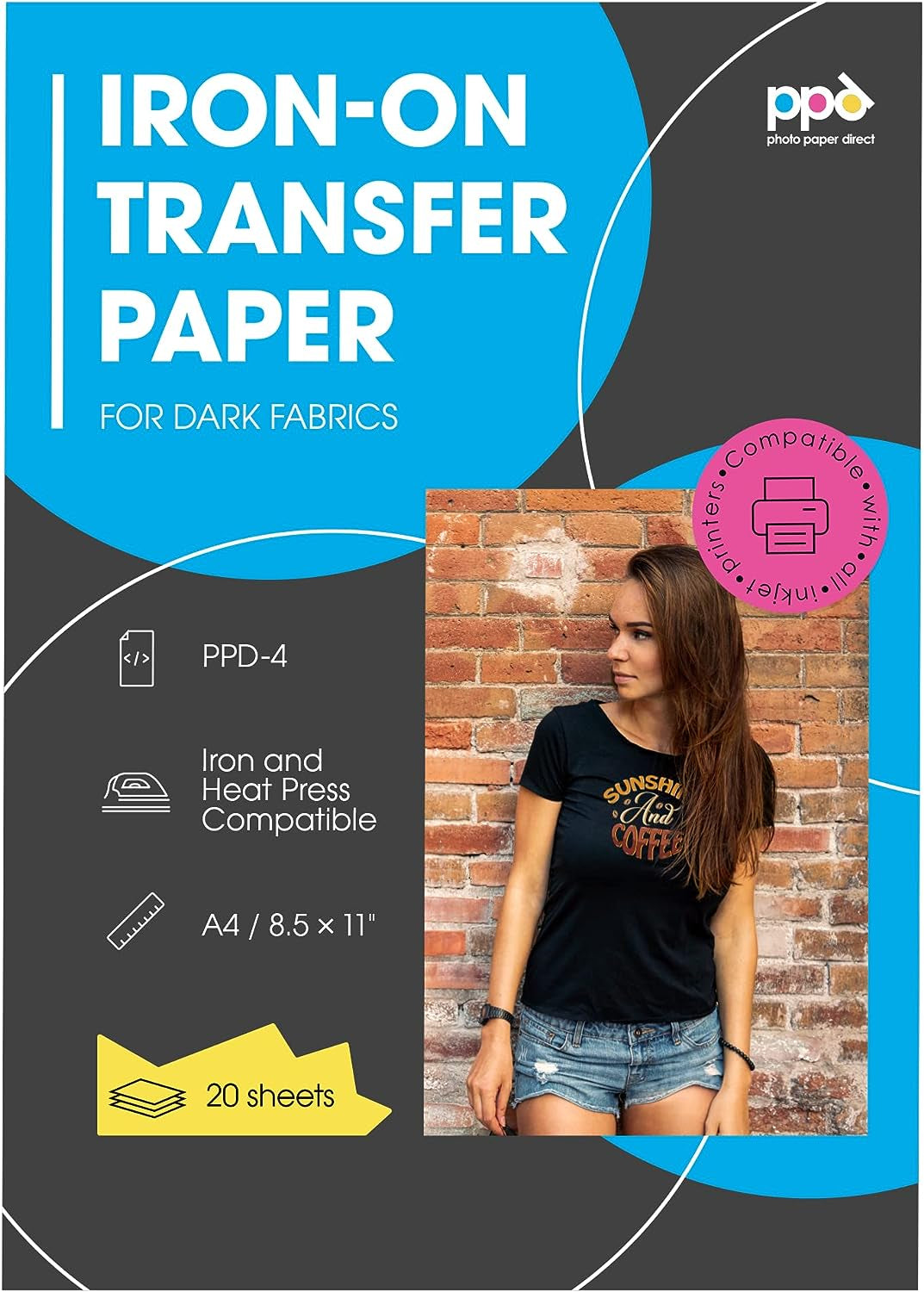 Iron on Transfer Paper for Dark Fabric Compatible with Inkjet Printer, 8.5 X 11 Printable T Shirt Heat Transfer Papers Machine Washable (20 Pack)
