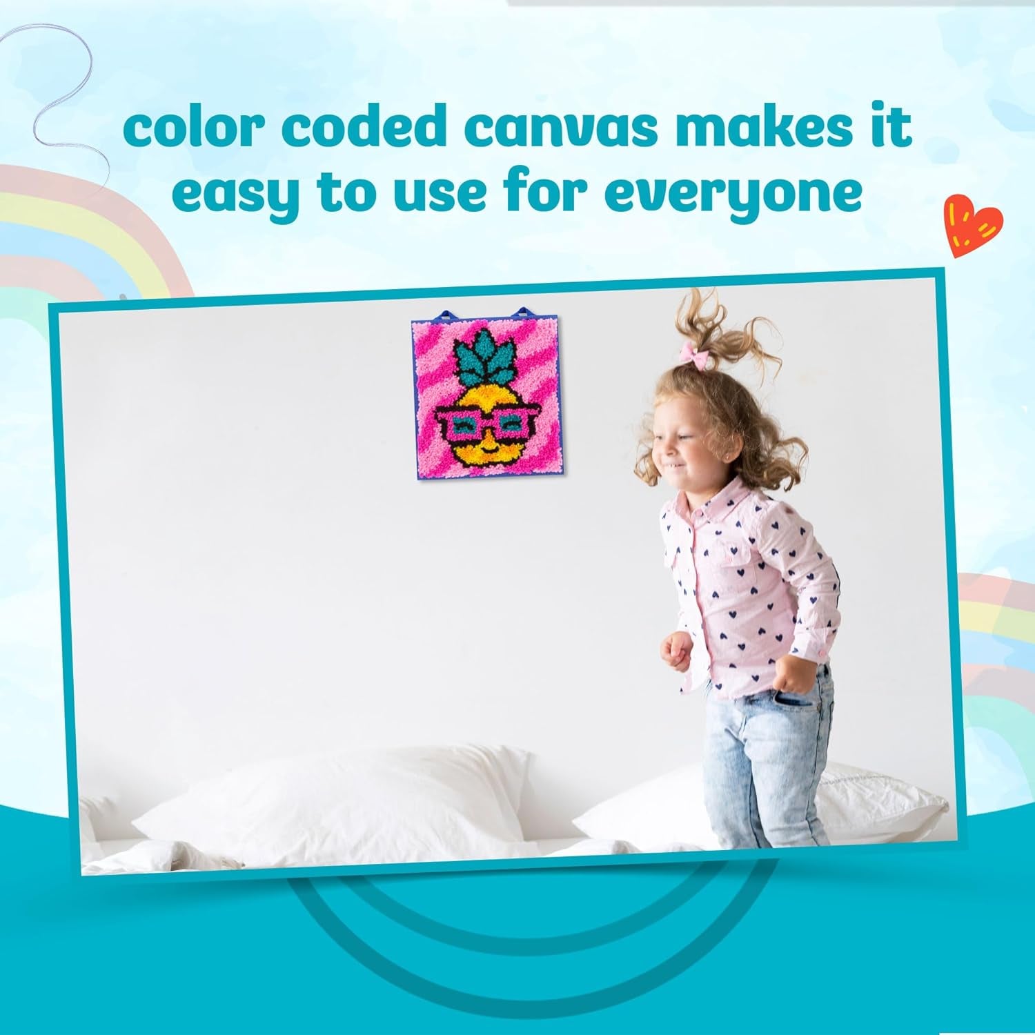 Latchkits  for Wall Hangings & Mini-Rugs - Pineapple - Craft Kit with Easy, Color-Coded Canvas, Pre-Cut Yarn & Latch Hook Tool - Perfect DIY Craft for Kids - Ages 6 and Up, Small, Multi