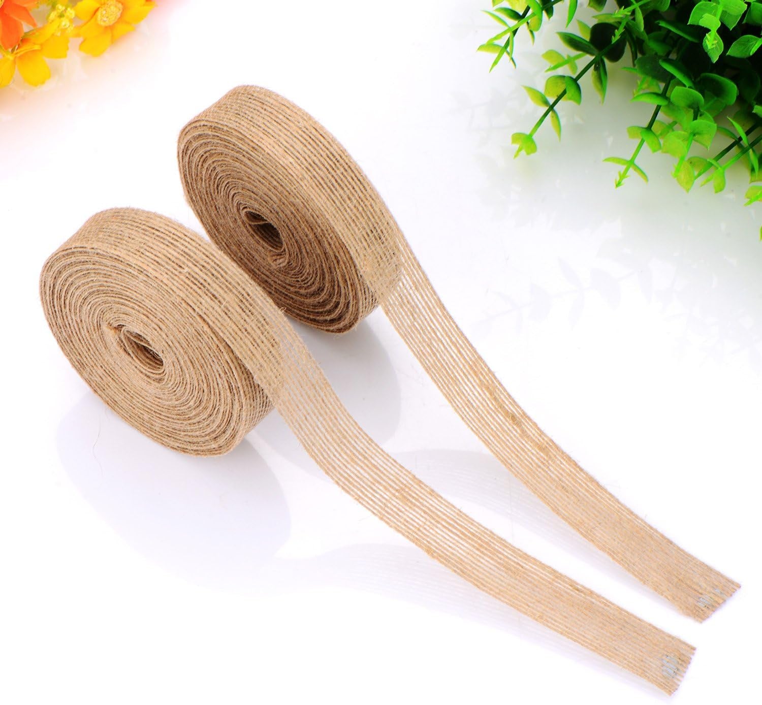 2 Rolls Natural Burlap Fabric Ribbon Wedding Events DIY Craft Ribbon Brown Rustic Ribbon for Floral Garland Scrapbook Wrapping Home Decor, 10 Meters Each Roll
