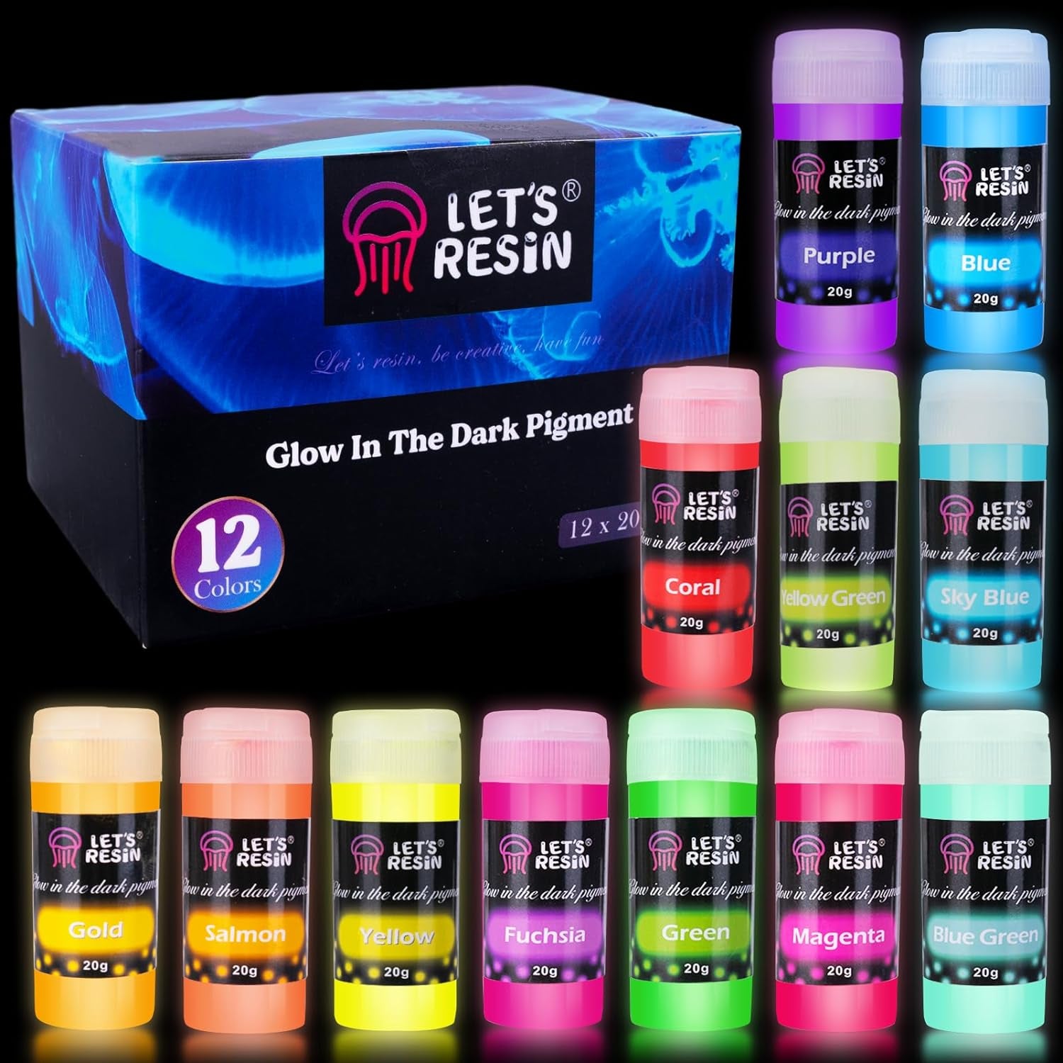 12 Colors Glow in the Dark Pigment Powder - 20G/0.7Oz Each Bottle Epoxy Resin Luminous Pigments Long Lasting for Slime, Nails, Acrylic Paint, Halloween Decoration,Art,Crafts