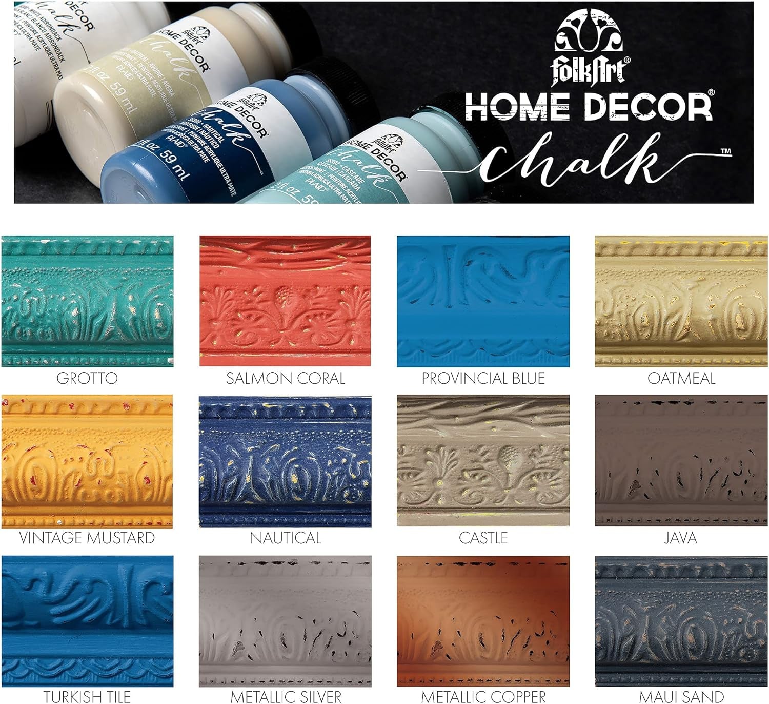 Home Decor Ultra Matte Chalk Finish Acrylic Craft Paint Set Formulated for No-Prep Application, Designed for Beginners and Artists 8 Fl Oz (Pack of 12)