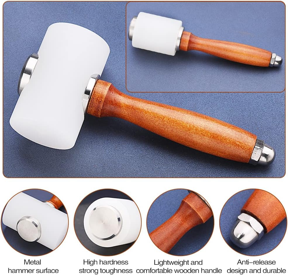 Leather Carving Hammer 2 Pieces, Leathercraft Mallet, Nylon Wood Handle Hammer, Leather Carving Hammer Mallet for DIY Stamping Sew Leather Cowhide Tool(1 T Hammer + 1 Vertical Hammer)