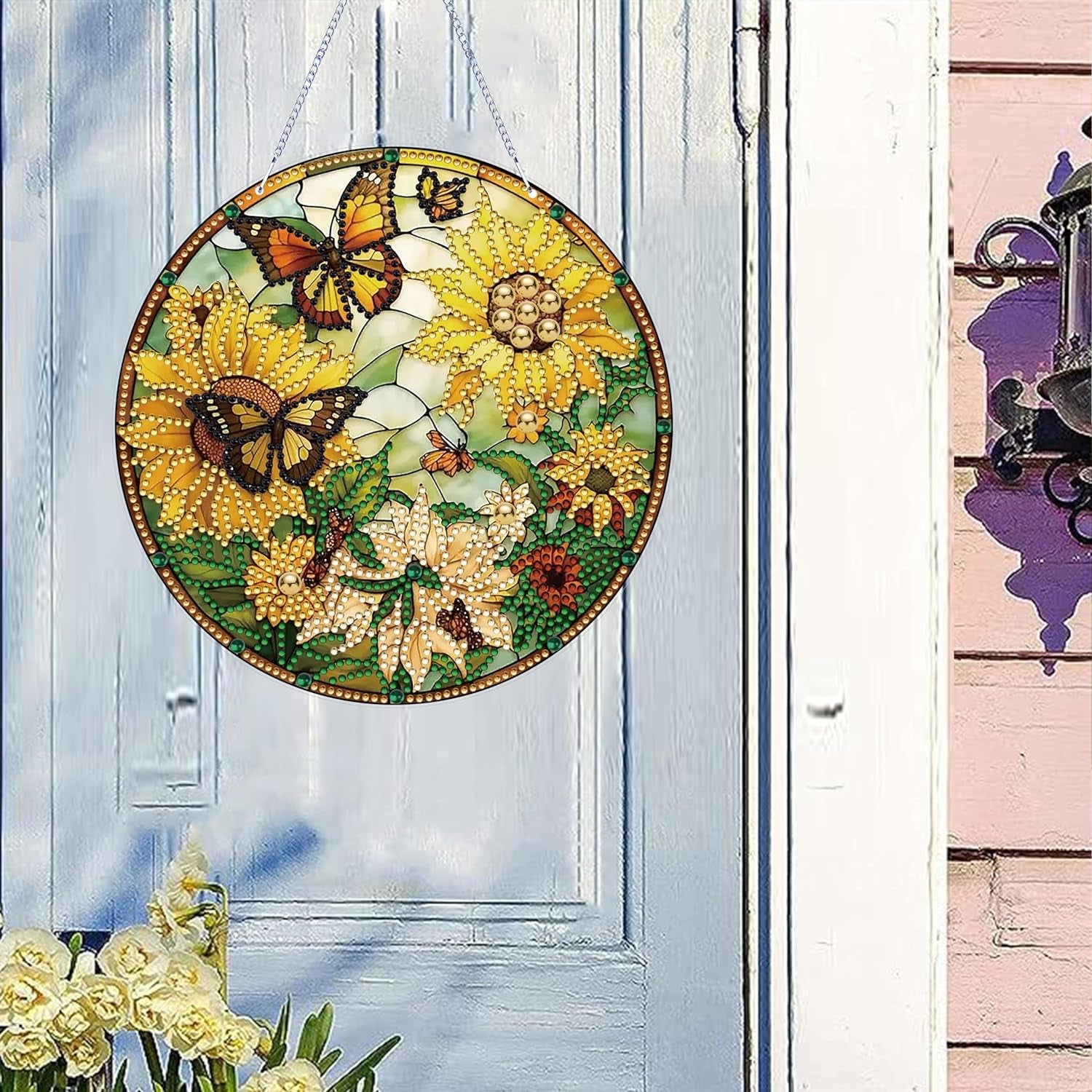 5D Sunflower Butterfly Diamond Painting Kits for Adults Hanging Sign Wall Art Sign Diamond Art Suncatcher Hanging Ornament Home Garden Wall Door Hanging Painting Kits, Yellow