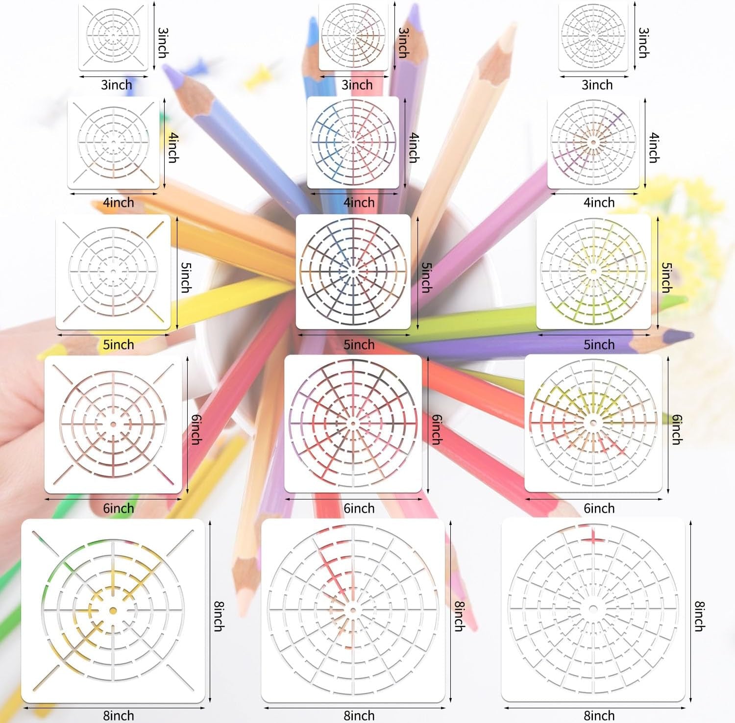 15 Pieces Mandala Dot Painting Tool Stencils Set, 8/12/16 Segment 3/4/5/6/8 Inches Reusable Mandala Stencil Template for Rock Wood Canvas DIY Painting Art Projects