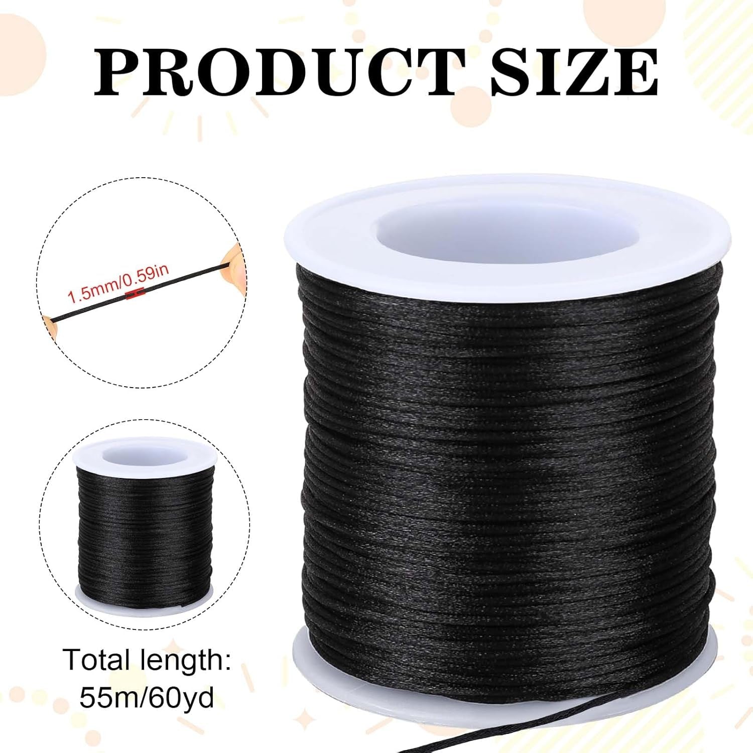 1.5Mm X 60 Yards Black Nylon Satin Cord Wind Chime Cord Replacement Necklace String for Bracelet Jewelry Making Macrame Waxed Cord Trim Cord Multi-Use Silk Cord for Lanyards, Craft, Braided Beading
