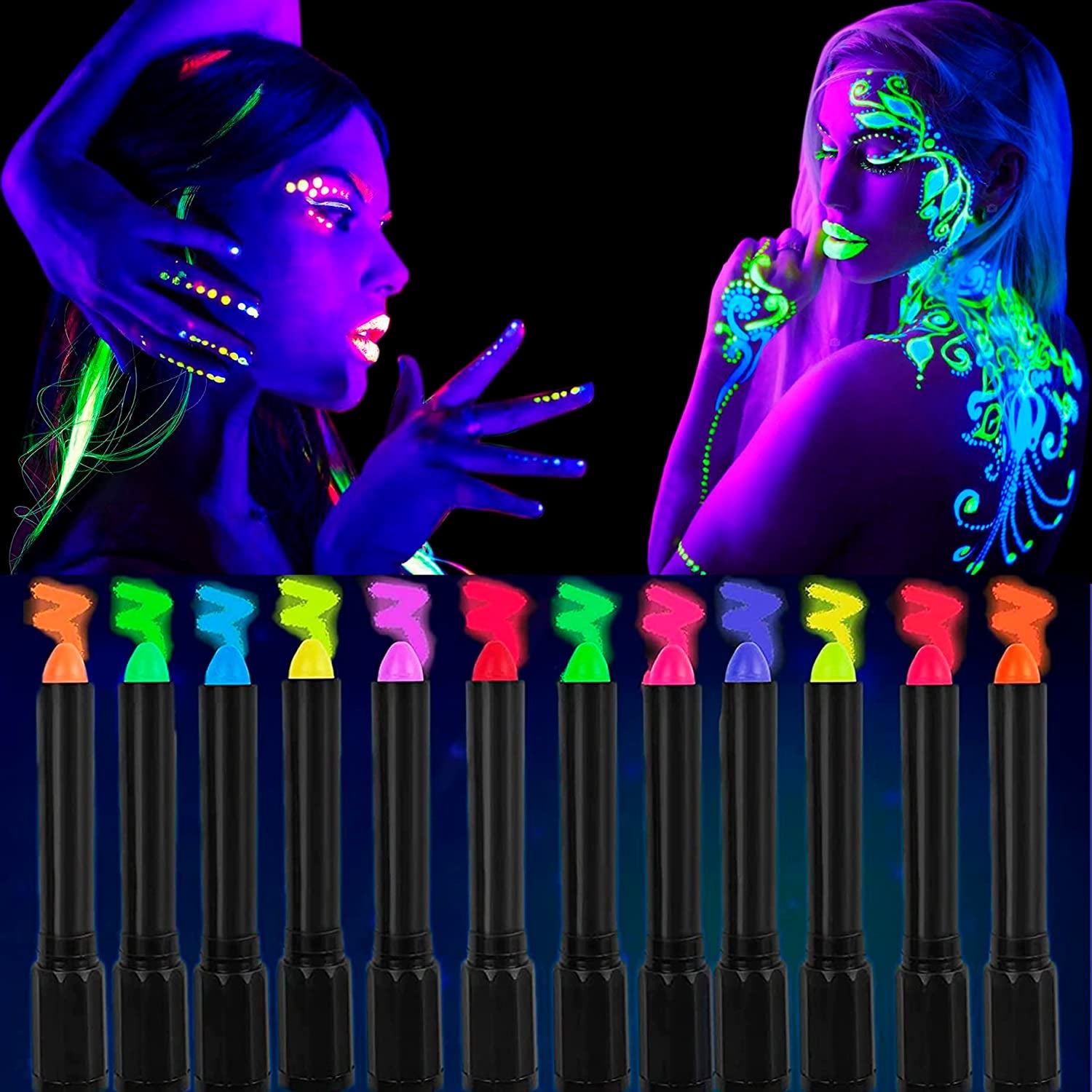 12 Colors Glow Face Body Paint, UV Crayons Makeup Glow in the Black Light Body Paints for Kids Adult, Fluorescent Neon Face Painting Kit for Birthday Party Halloween Masquerade Makeup Outdoor