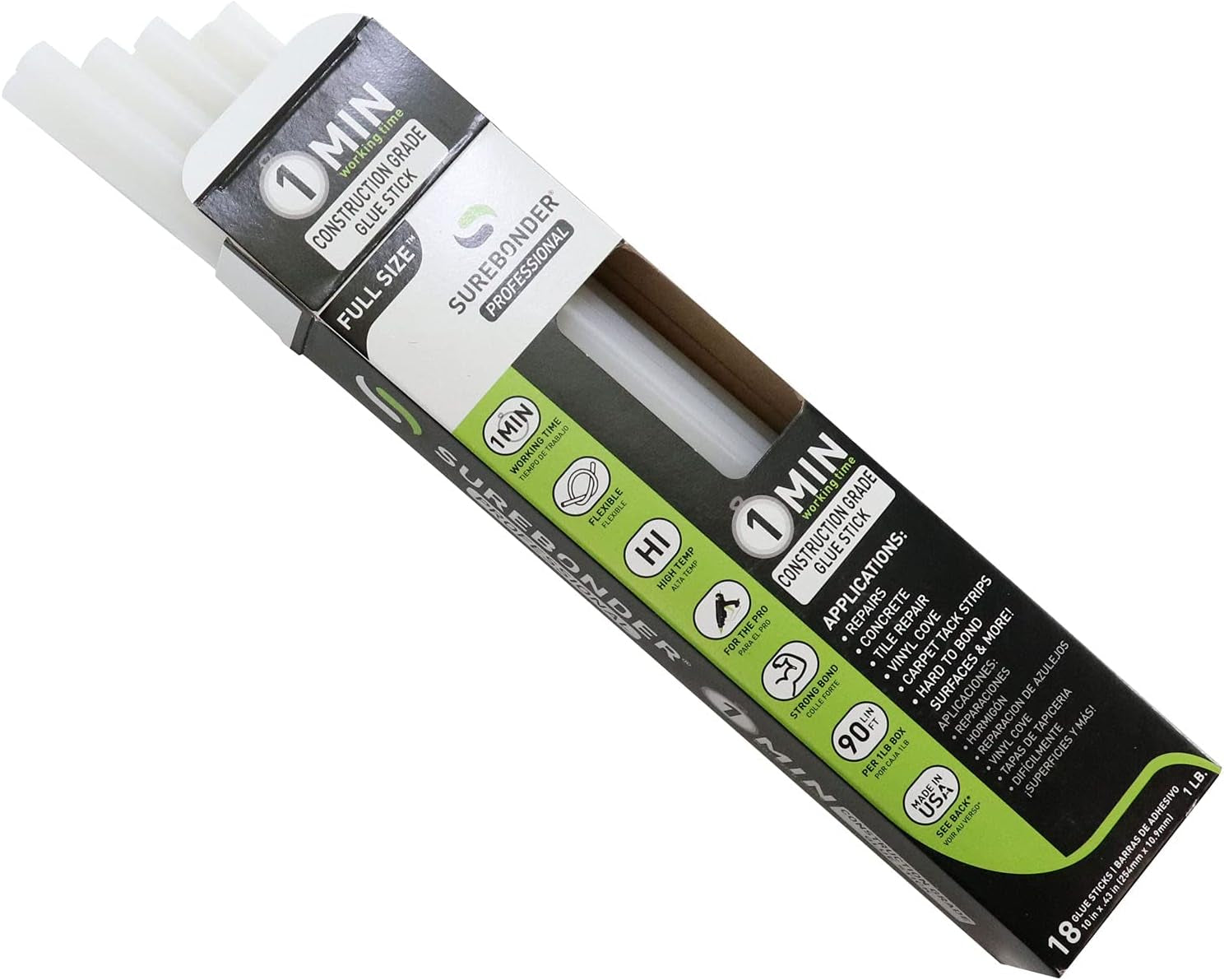 Construction Professional Grade Adhesive Hot Melt Glue Sticks - Full Size 10" L, 7/16" D - 1 Minute Working Time, for Home Repairs & Strong Bonds, Made in USA (CG-1R10T)