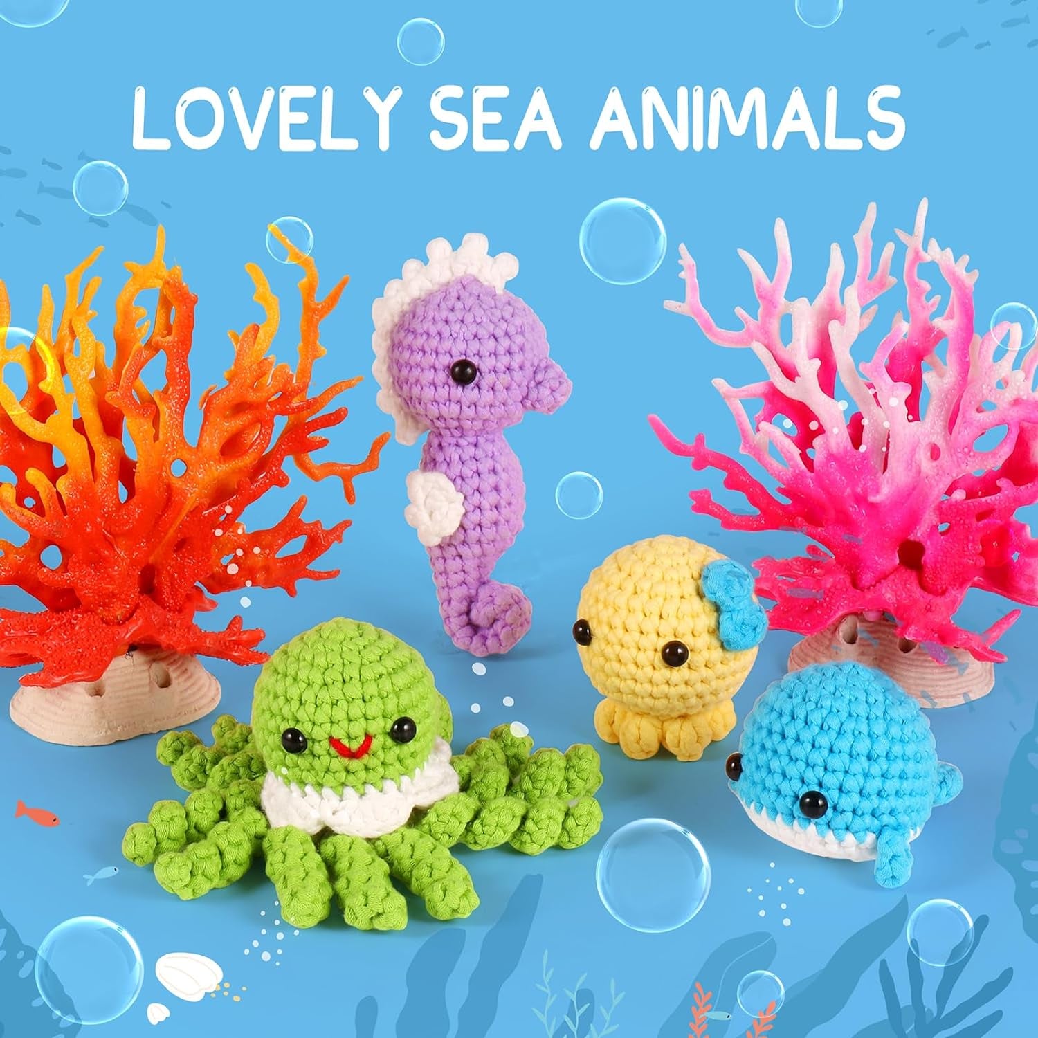 Crochet Kit for Beginners, Beginner Crochet Kit for Adults &amp; Kids with Step-By-Step Video Tutorials, Knitting Kit, 4 Pattern Crochet Animal Kit - Whale, Jellyfish, Sea Horse and Octopus
