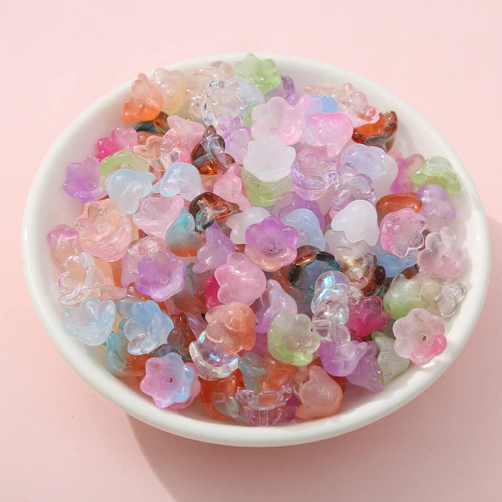 100Pcs Glass Bellflower Beads for Jewelry Making Mixed Color Trumpet Flower Beads Gradient Clear Cute Beads for Bracelets Making Aesthetic Beads Charms for DIY Necklace Decoration Gifts