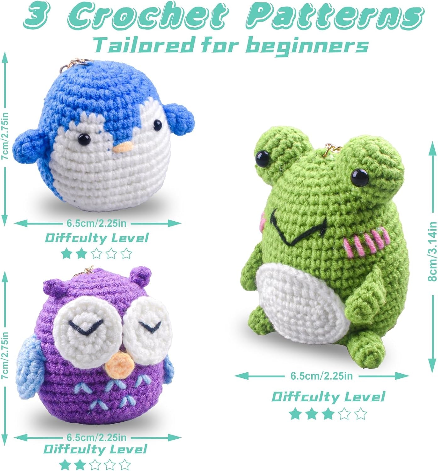 Crochet Kit for Beginners Kids Adults - Amigurumi Crocheting Animal Kits, Beginner Knitting Set DIY Art Craft, 3 Pattern Owl, Penguin, Frog, Easy to Learn Tutorials, Yarns, Hook, for Girls Age 12+