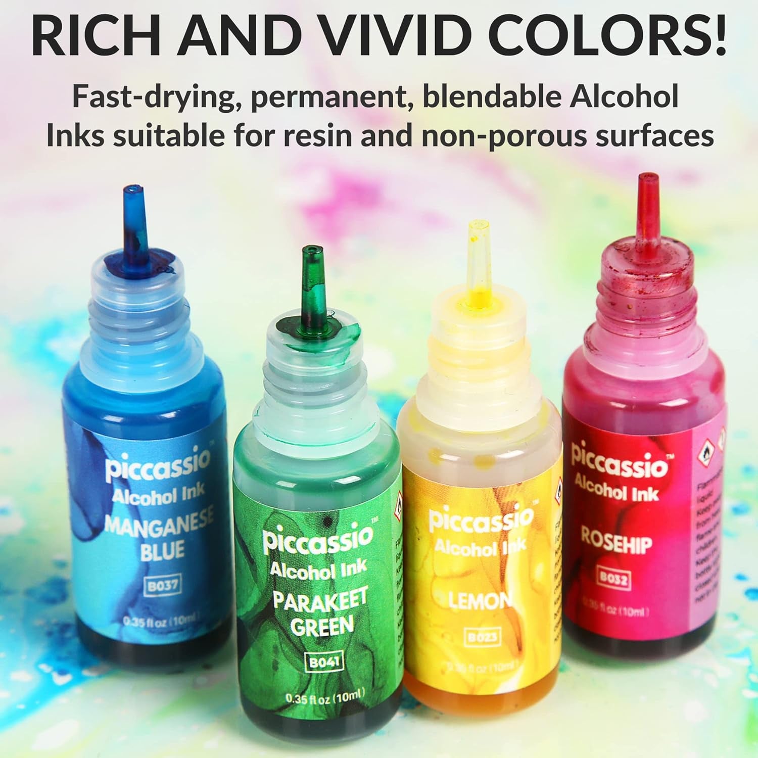Alcohol Ink Set - New Improved Formula - 24 Highly Saturated Alcohol Inks - Fast-Drying and Permanent Inks - Versatile Alcohol Ink for Epoxy Resin, Tumblers, Fluid Art Painting, Glass, Metal Etc