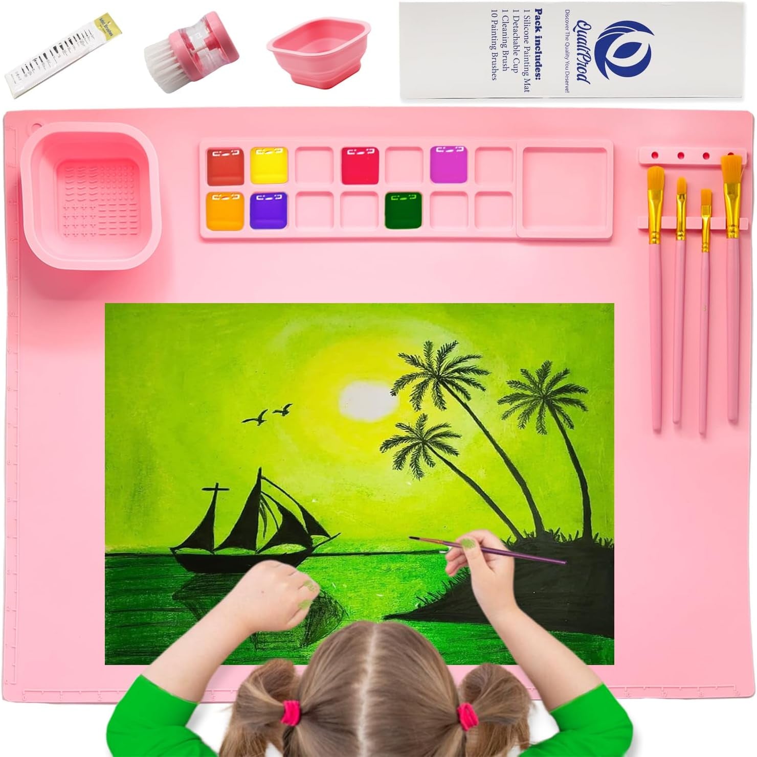 Silicone Painting Mat - Art Mat with Cup, Craft Paint Brush Cleaner Tool &10 Paint Brushes – Thick Large 20 X 16" Paint Mat for Kids & Adults – Washable Erasable Silicone Craft Mat for Artistic Work