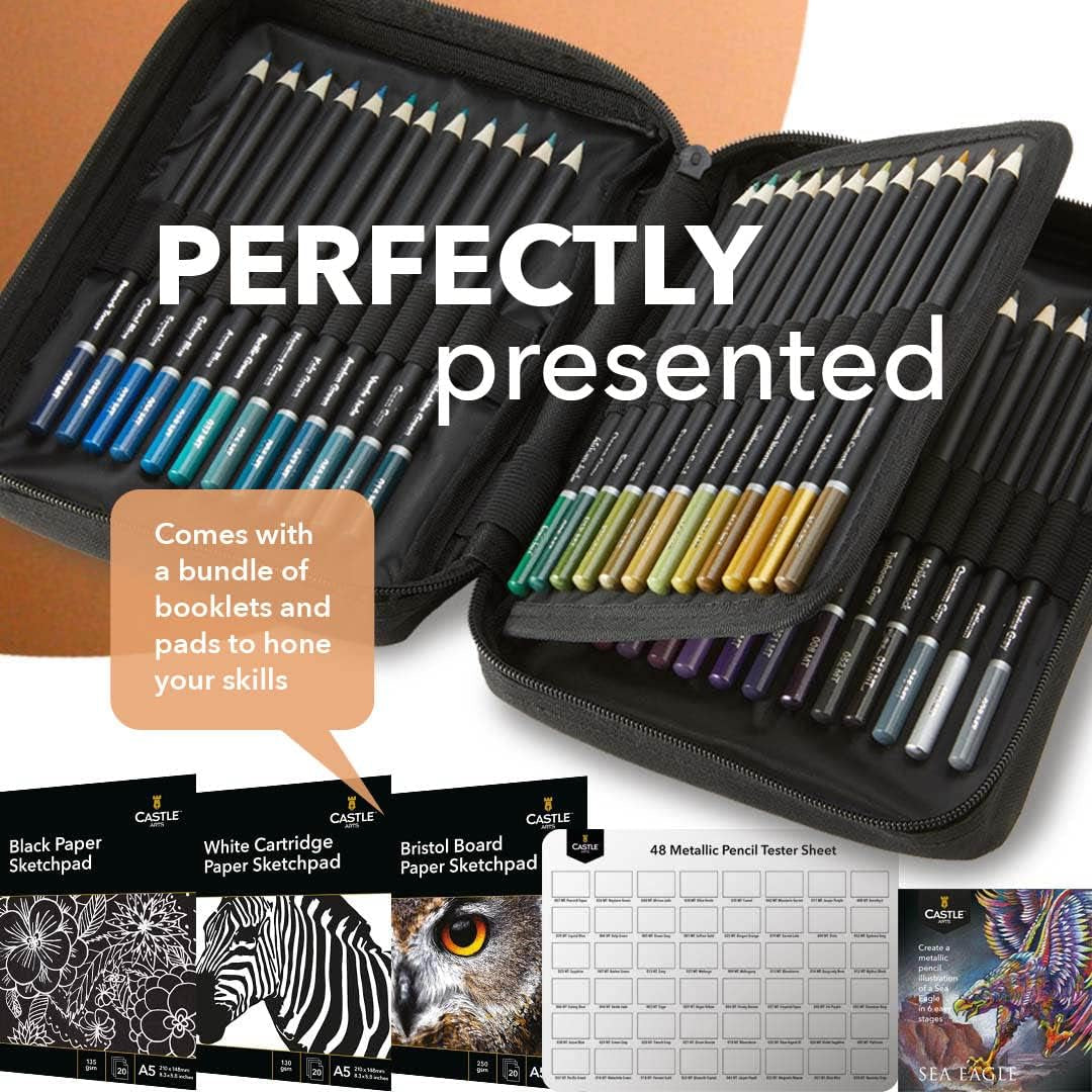 48 Metallic Colored Pencils Set with Extras | Quality Wax Cores with Shimmering Shades for Professional, Adult Artists, Colorists | in Strong Carry-Anywhere Zipper Case