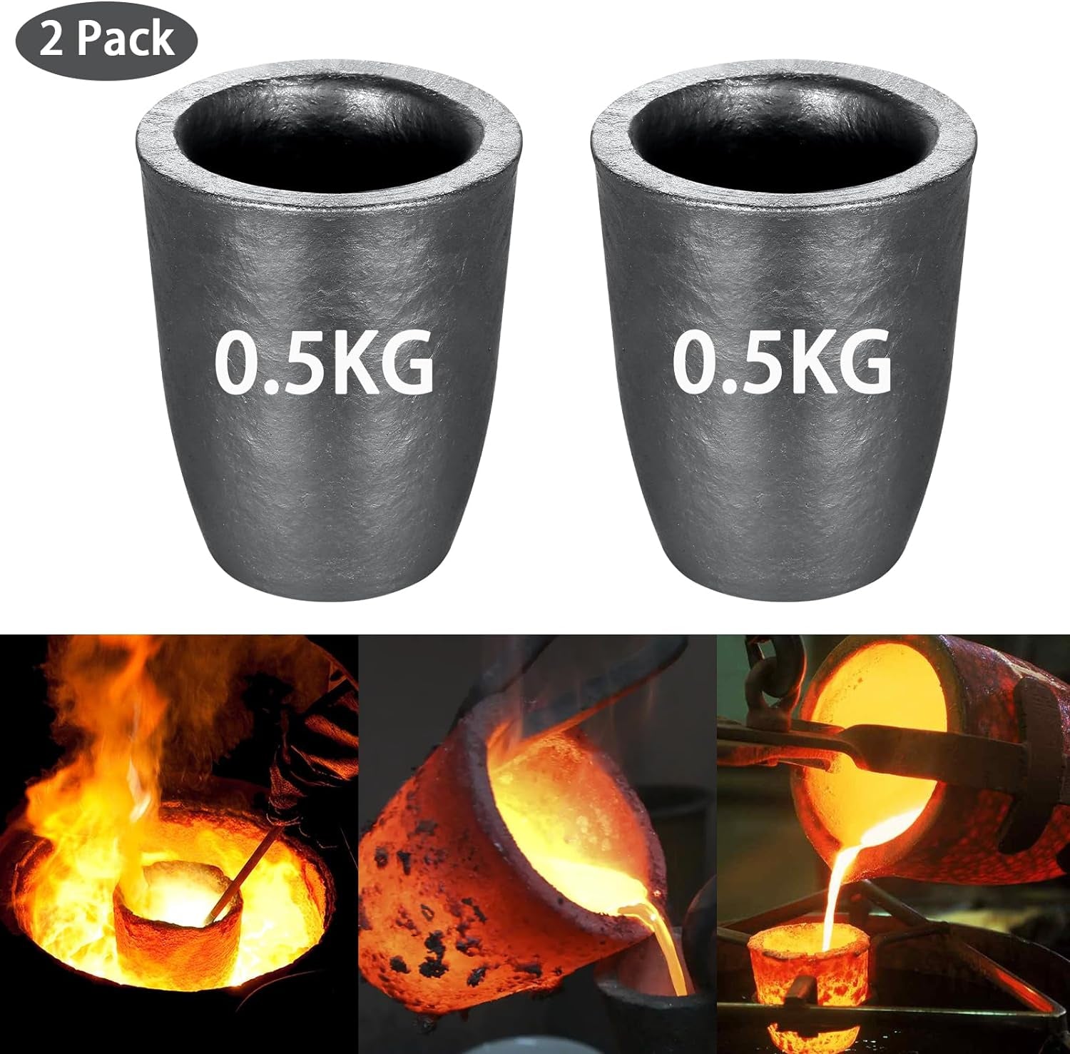 5 Pieces Crucible Metal Melting Kit, Including 2 Clay Graphite Crucible for Gold Melting Metal, 2 Graphite Stir Rod Stick, 1 Graphite Torch Smelting Casting Ingot Mold