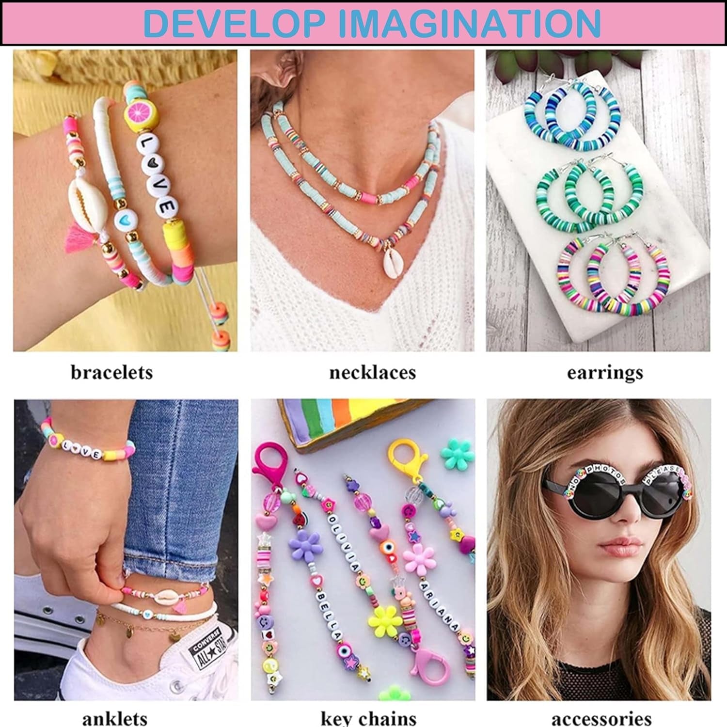 Clay Beads Bracelet Making Kit, 144 Colors Flat Polymer Friendship Spacer Heishi Beads for Jewelry Making with Letter Beads and Elastic Strings, 2025 Crafts Christmas Gift (144 Colors)