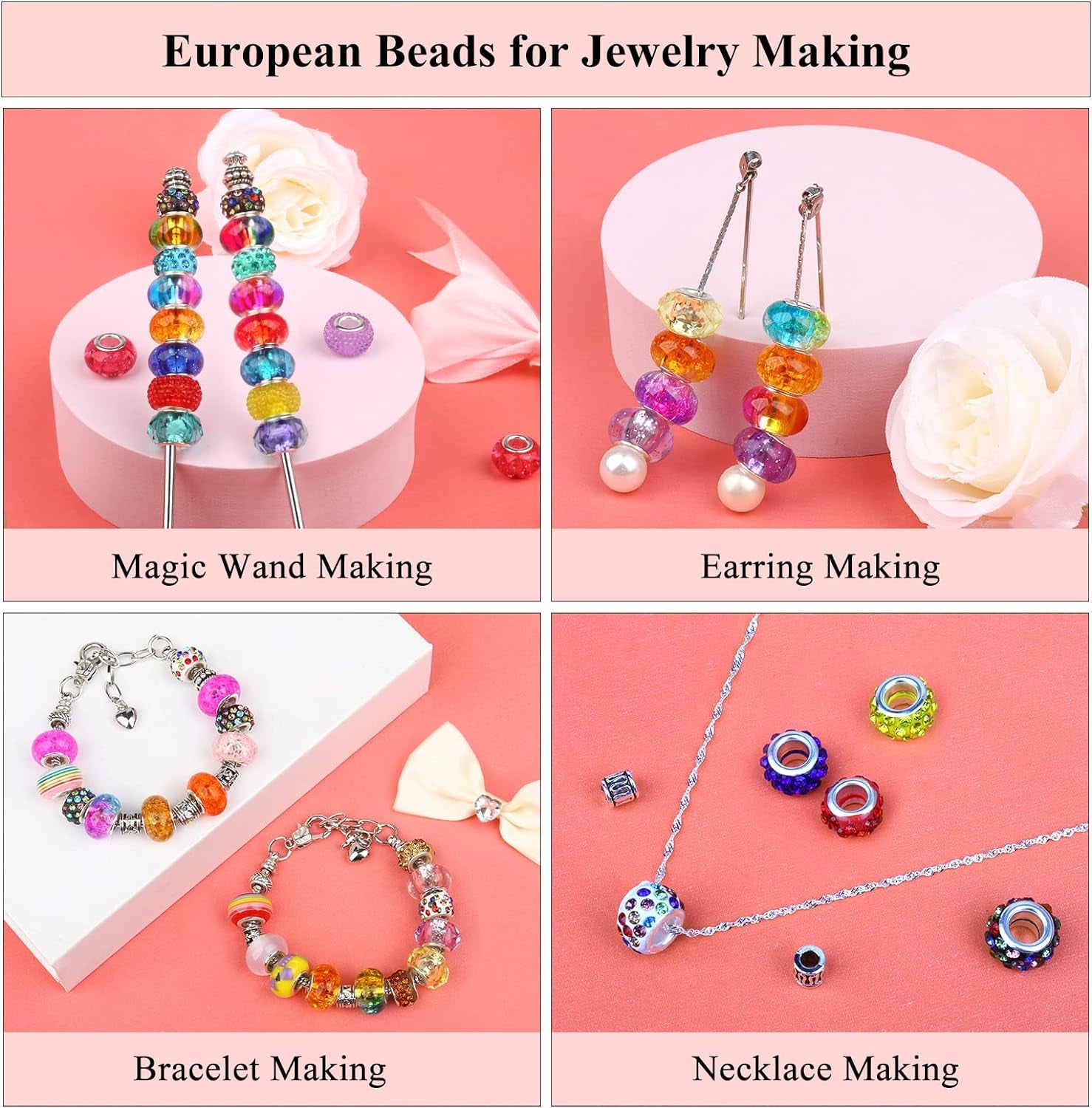 250Pcs Large Hole Beads for Jewelry Making,  200Pcs European Bulk Glass Rhinestones Lampwork with 50+Pcs Silver Spacer DIY Craft Bracelet Necklace Earring Making