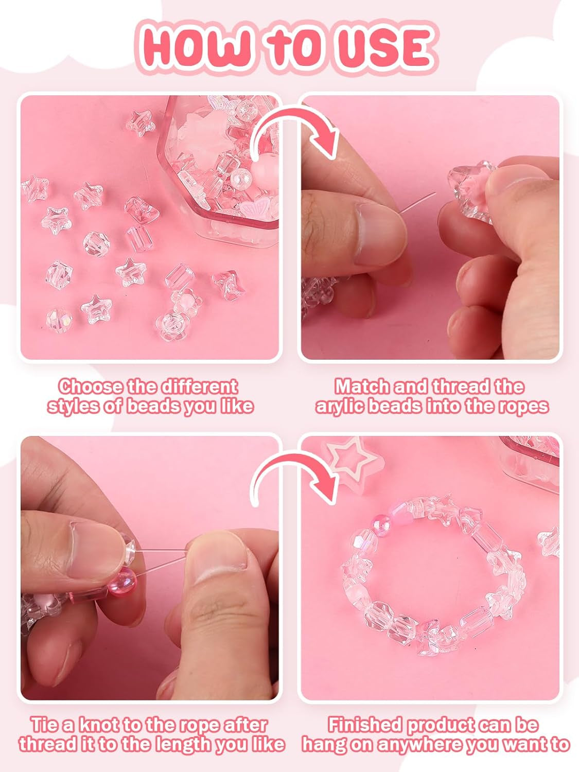 150PCS Acrylic Pastel Beads for Jewelry Making,  Colorful Bow Butterfly Flower Kawaii Plastic Candy Heart Cute Macaroon Aesthetic Beads for Bracelet Necklace DIY Supplies (Pink)