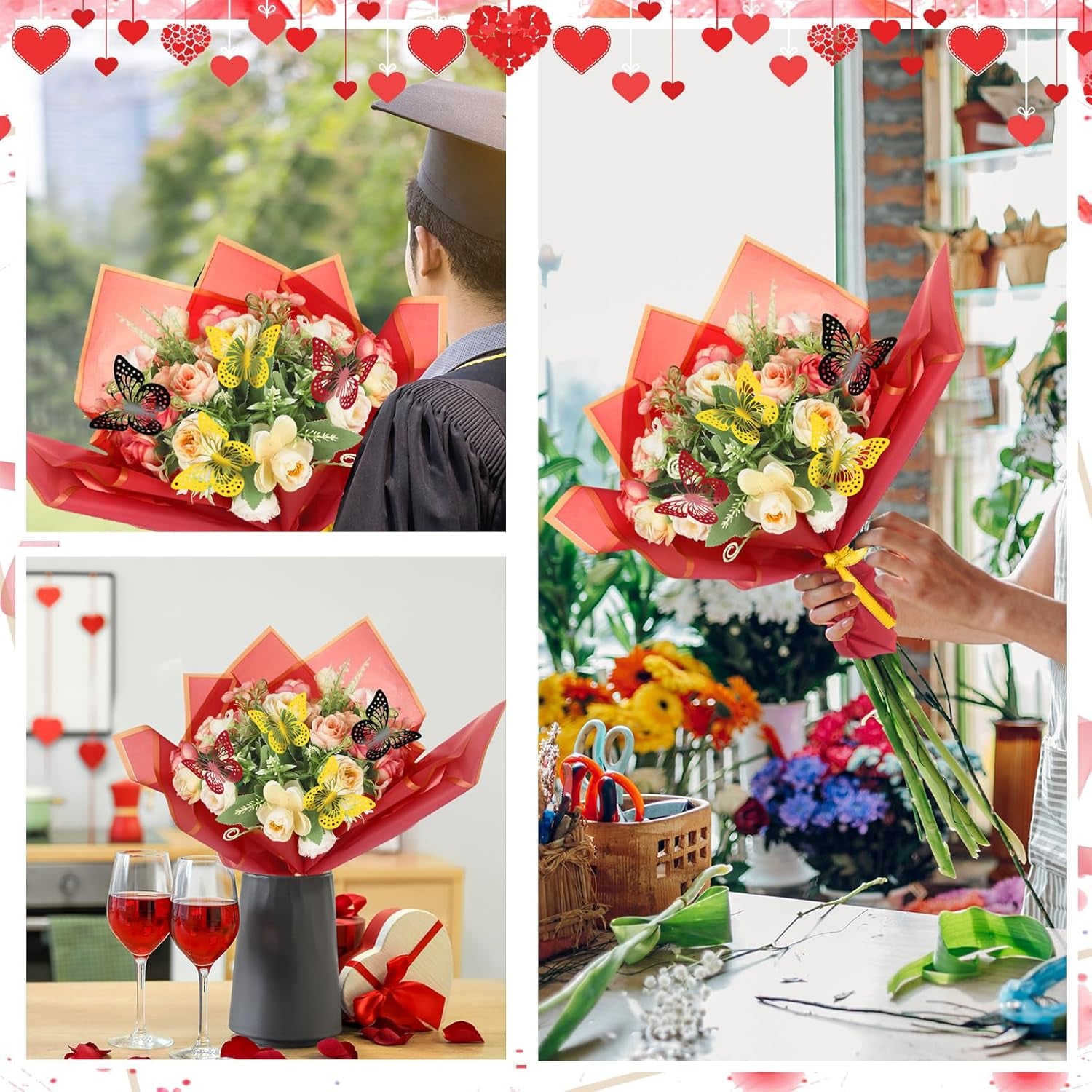 243 Pcs Flower Bouquet Wrapping Paper Waterproof Floral Wrapping Paper Florist Supplies with Butterfly Decoration Crowns Ribbons Bouquet Pin Glue for DIY Craft (Red, Black, Gold)