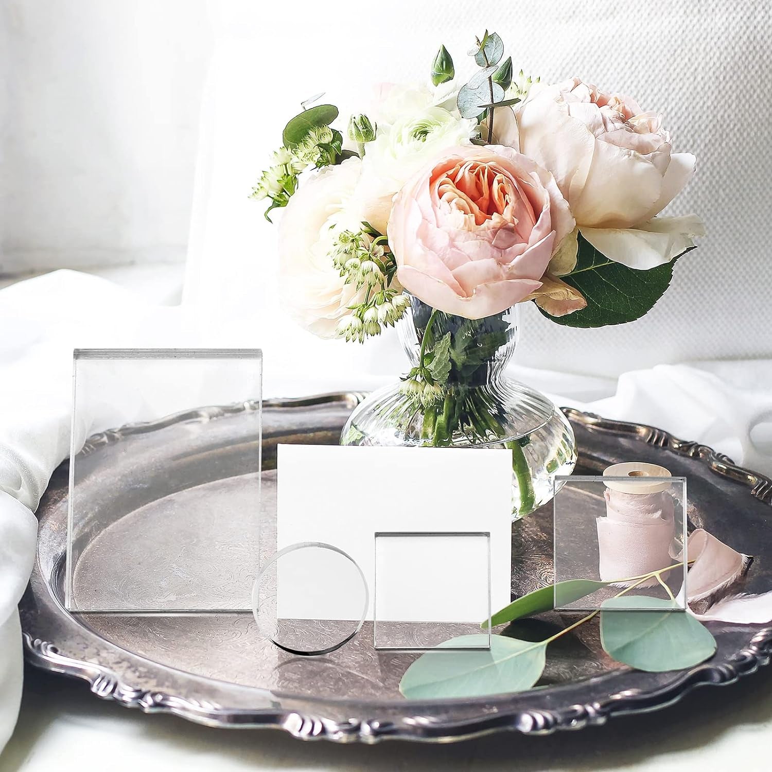 6 Pcs Acrylic Blocks Wedding Flat Lay Props Acrylic Styling Block Photography Clear Stamp Display Block Set Props Wedding for Scrapbooking Crafts(Square, Round)
