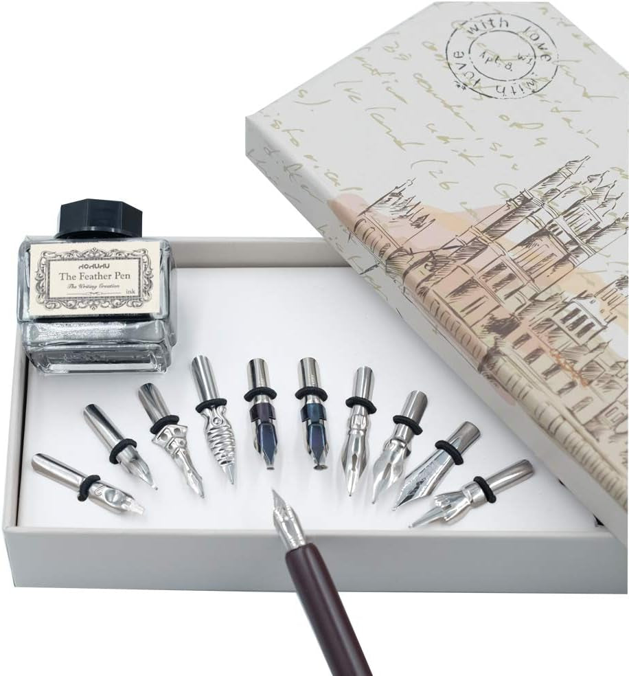 Hhhouu Calligraphy Set for Beginners Quill Pen and Ink Set Fancy Pens with Black Ink and 11 Nibs for Lettering,Drawing, Journaling, Signing, Invitation HO-Q-301