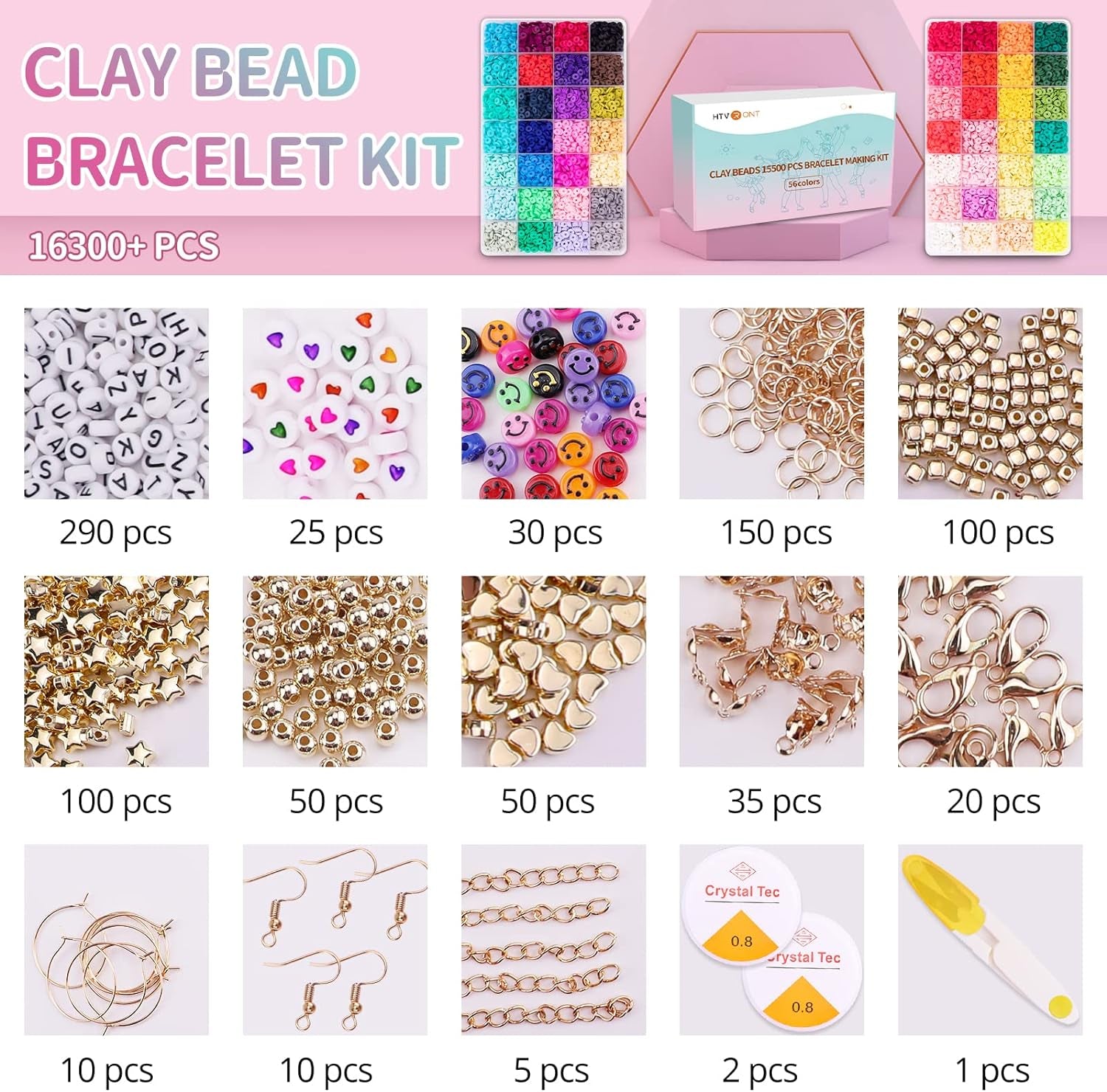 Clay Bead Bracelet Kit -16300Pcs Clay Beads Kit, 56 Colors Clay Beads Bracelet Making Kit, Polymer Clay Bead Bracelet Kit, Crafts Kit for Teen Girls, Mother'S Day Brithday Gifts