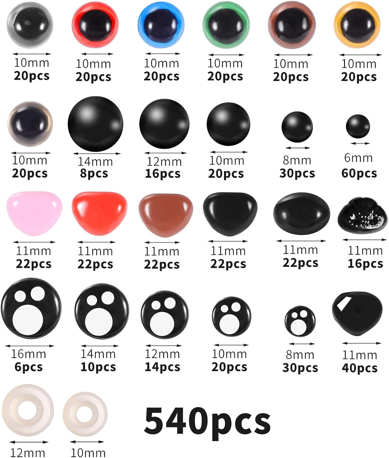 1060 Pcs Safety Eyes and Noses for Amigurumi, 6-16 Mm Colorful Safety Eyes with Washer Plastic Stuffed Crochet Eyes Craft Doll Eyes for Stuffed Animals Crochet Toy Christmas Stocking Stuffers