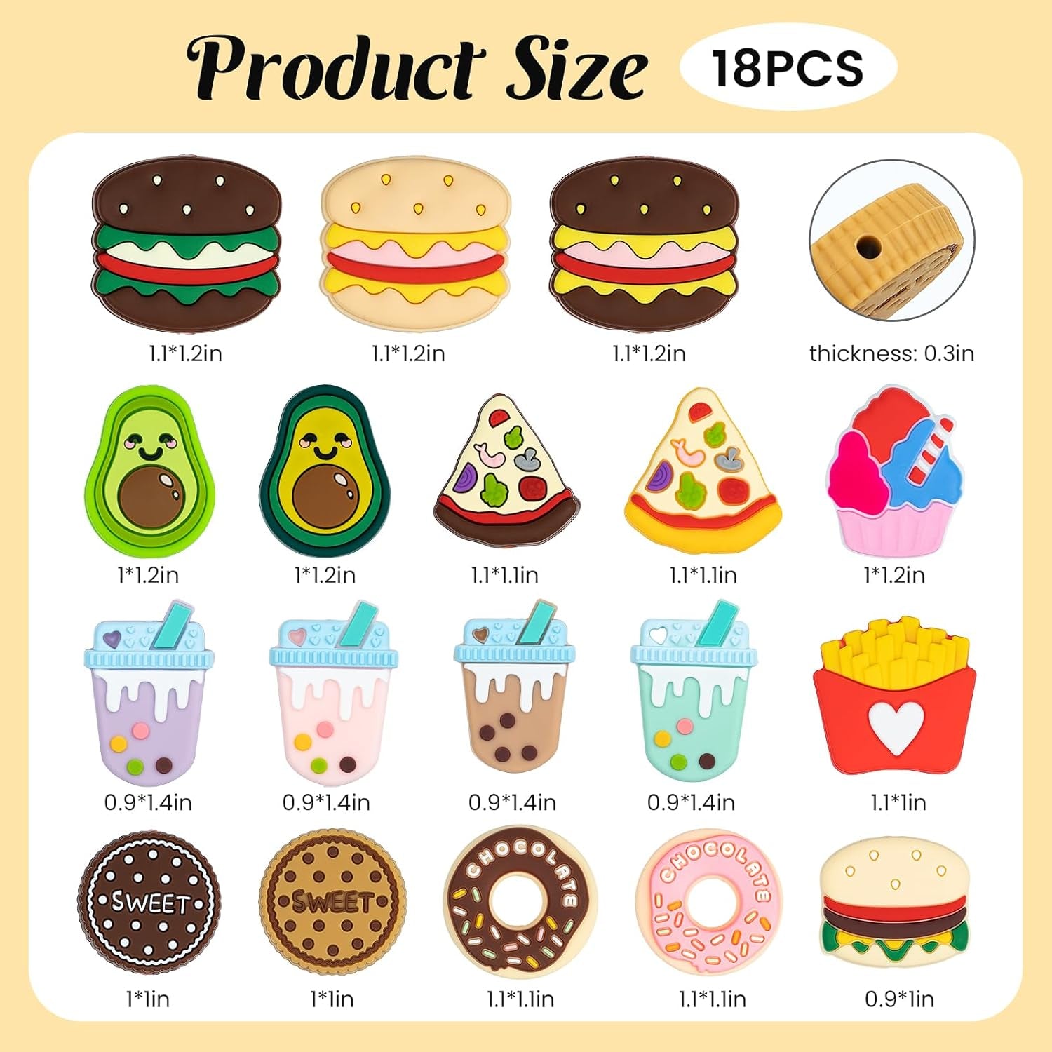 Silicone Focal Beads for Pens Characters Silicone Accessory Kit 18 Pcs Colorful round Silicone Beads for Keychain Making Bracelet Necklace Handmade Crafts (Food)