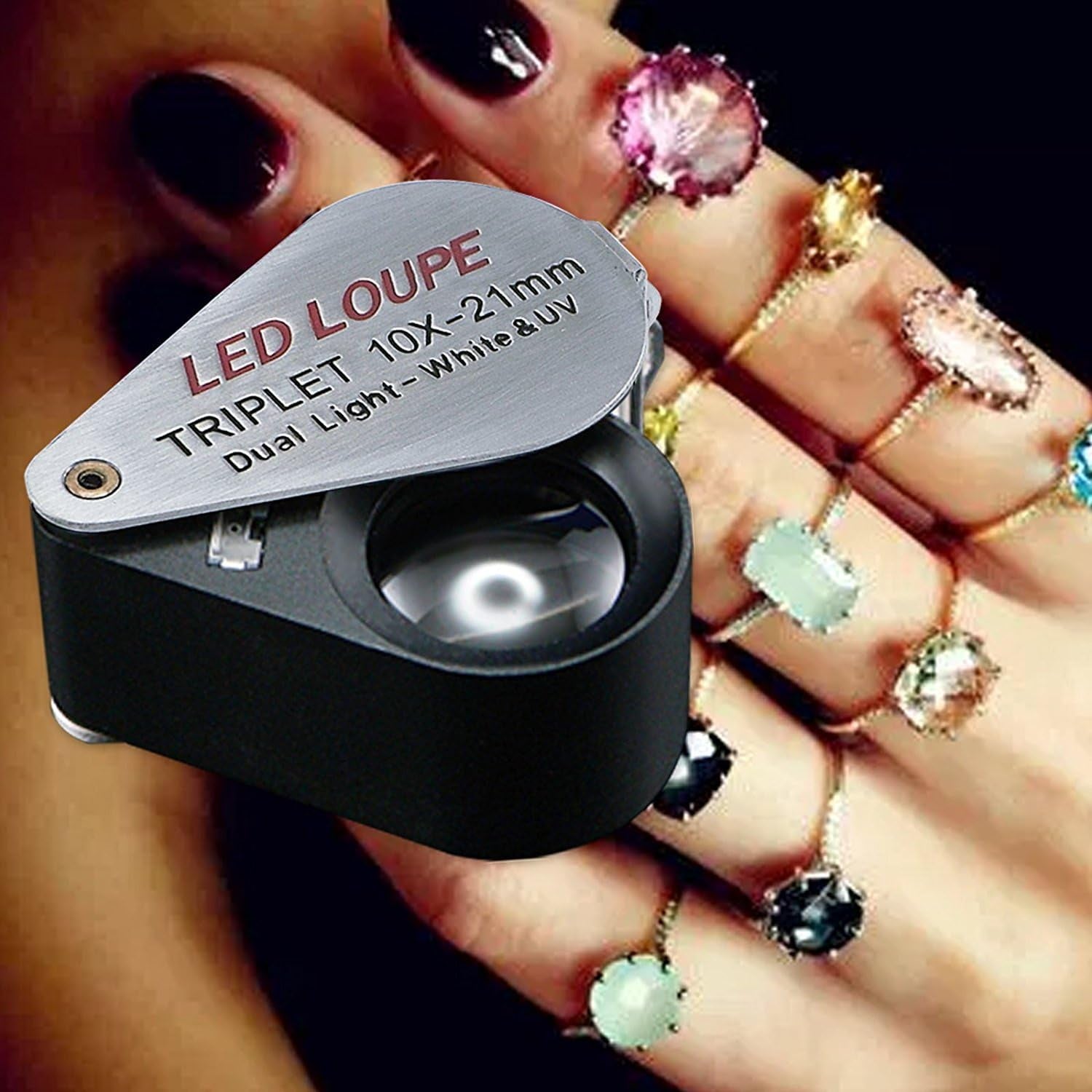 10X Foldable Pocket Magnifier Loupe with UV and LED Light for Jewelry, Rocks, Coins, and Antiques - Illuminated Magnifying Tool for Eye, Stamps, Watches, Hobbies, and Gems