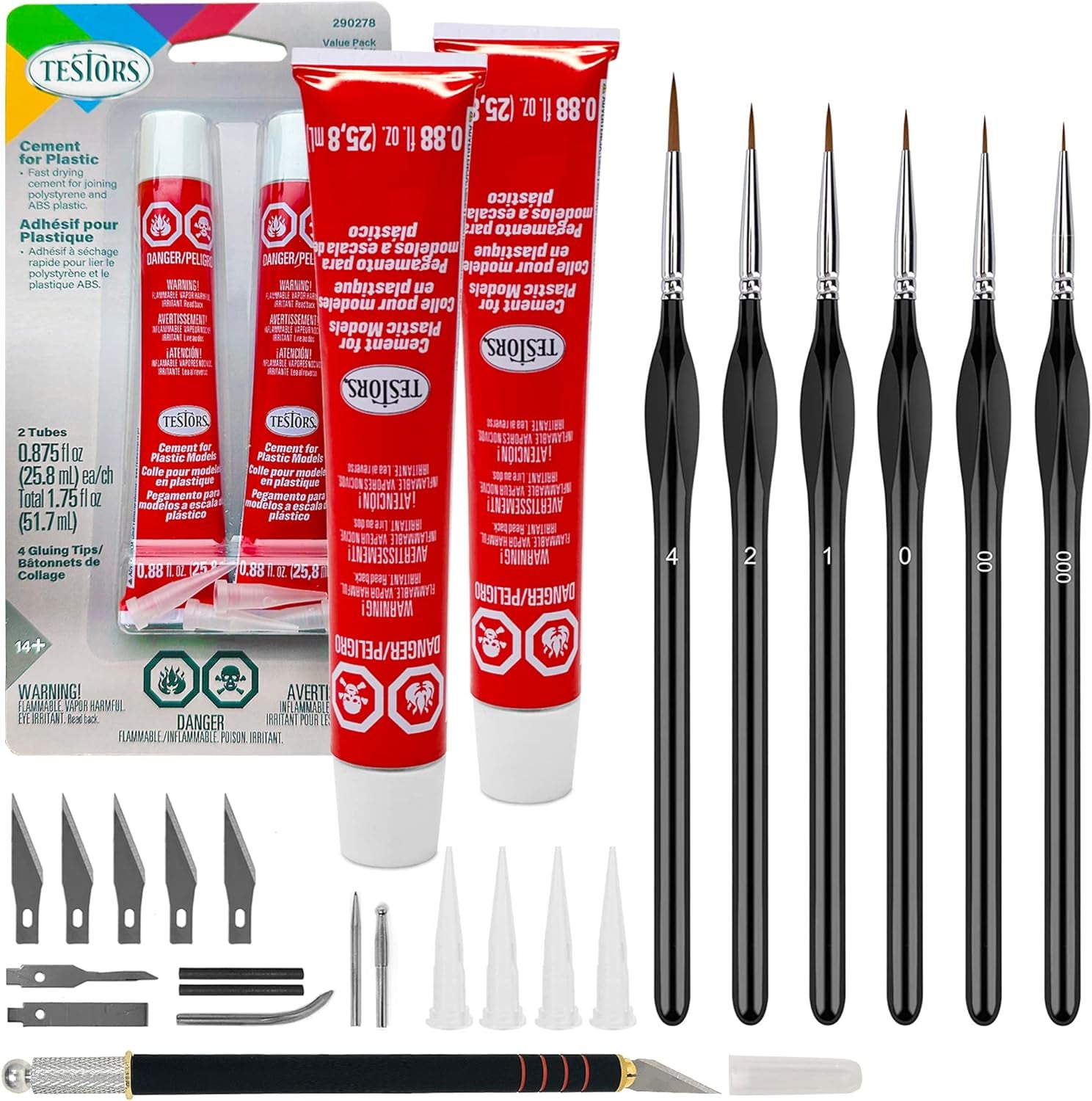 Testors Cement Plastic Model Glue Adhesive 2-Pack, 6 Fine Detail Miniatures Paint Brushes, Precision Crafting Knife with Extra Blades and Tips